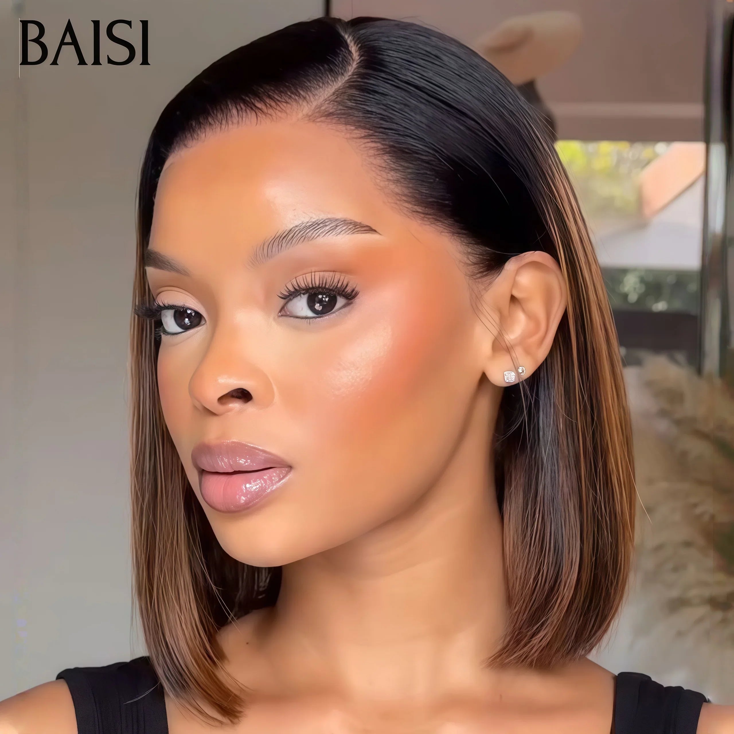 BAISI 13X4 Perruques 10 Pouces Lisse bob 98€ identique à la photo Facile à Porter 1B27# en 100% vrais cheveux humains Lace déjà couper