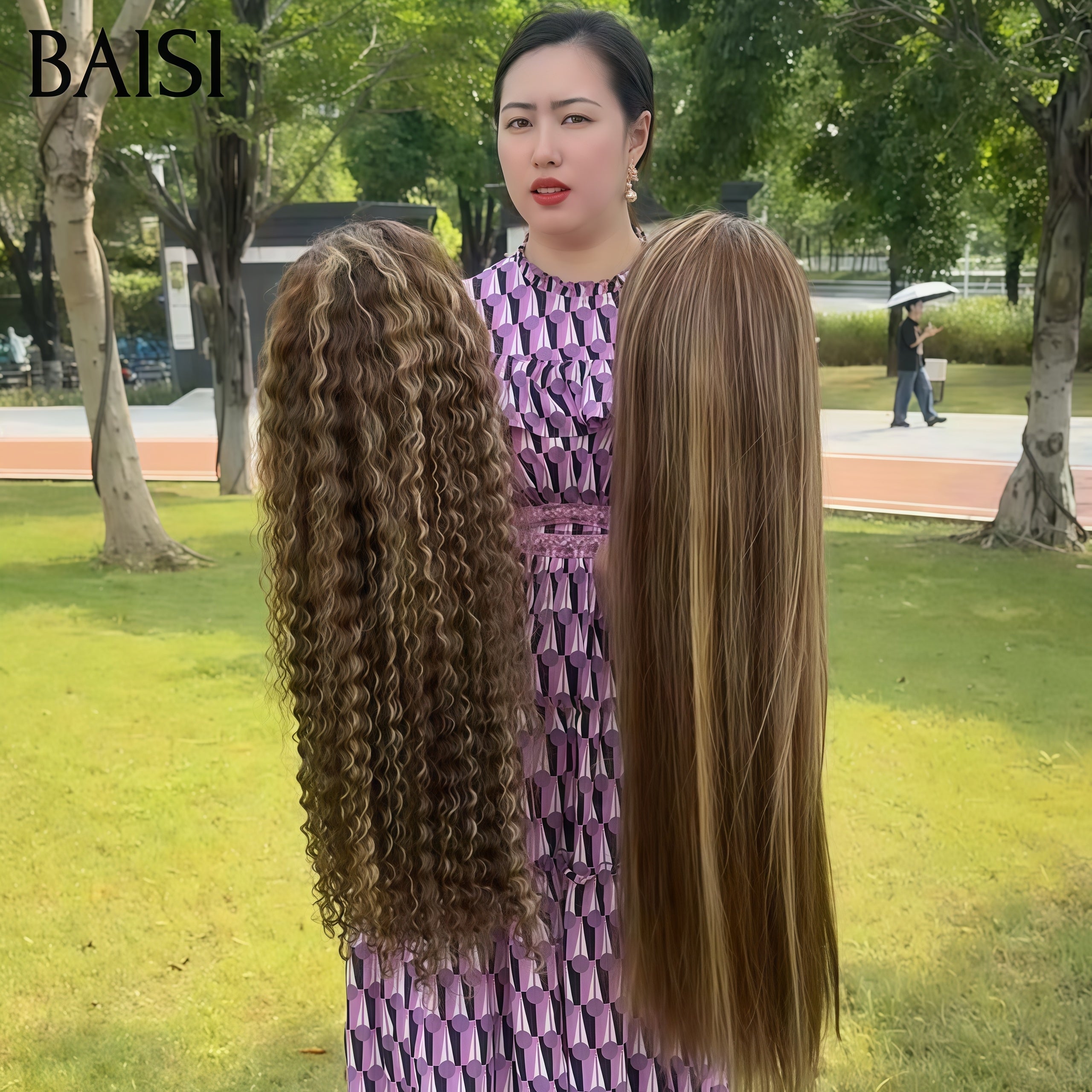 BAISI Lot de 2 perruques 300€ 13X4 lace frontal Lisse et curly wave Marron Mixte Miel 32 Pouces 100% vrais cheveux humains