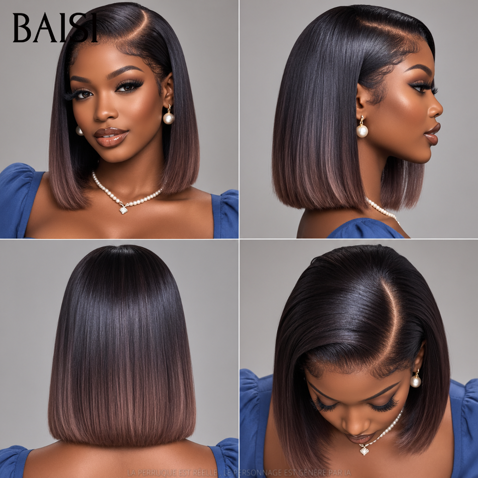 BAISI Peruca lace closure de luxo lisa bob em castanho 1BT4# BONE STRAIGHT, 250% densidade, A1, feita com cabelo double drawn