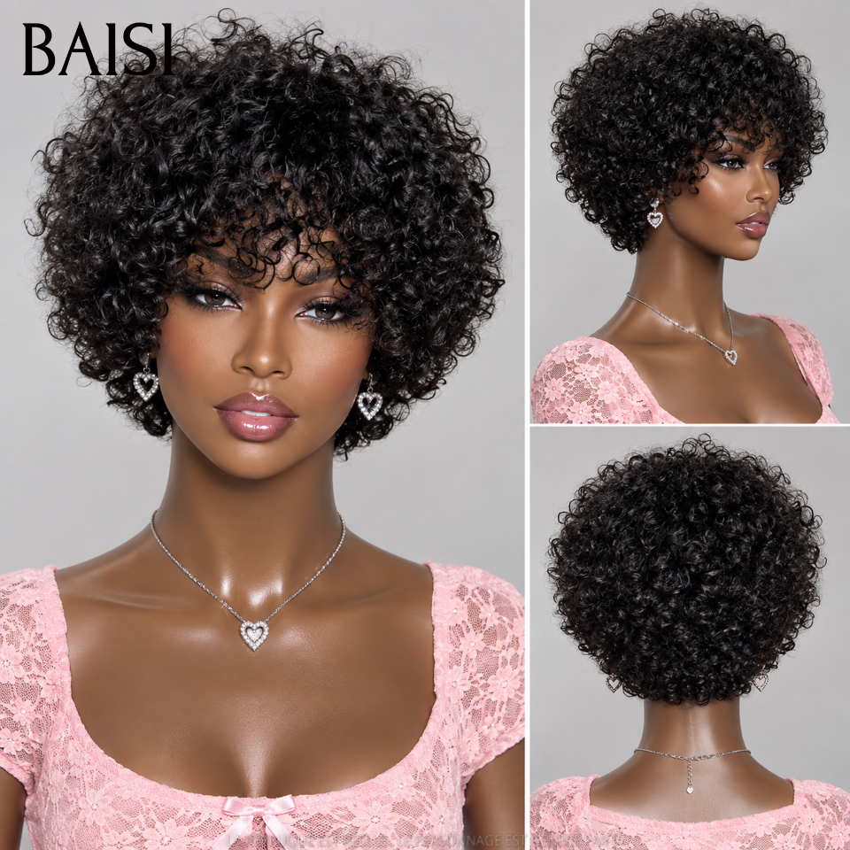 BAISI Flash Offer €49 Bob pixie curly wave wig with bangs in Black Without Lace in 100% Human Hair BS65