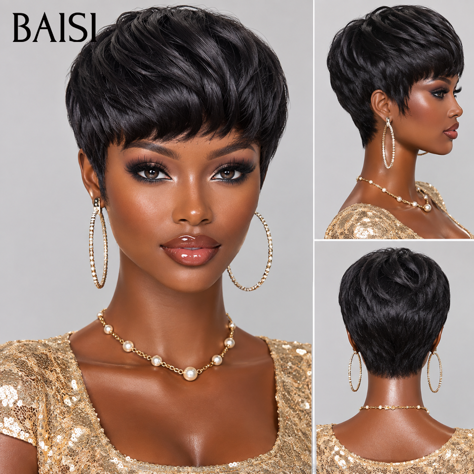 BAISI Achetez 2 perruques minimum au prix d'usine fournisseur sans lace pixie 38€ ou 13X4 Coupe Pixie Lisse En marron 100% Vrais Cheveux Humains (Pas Besoins De Code)
