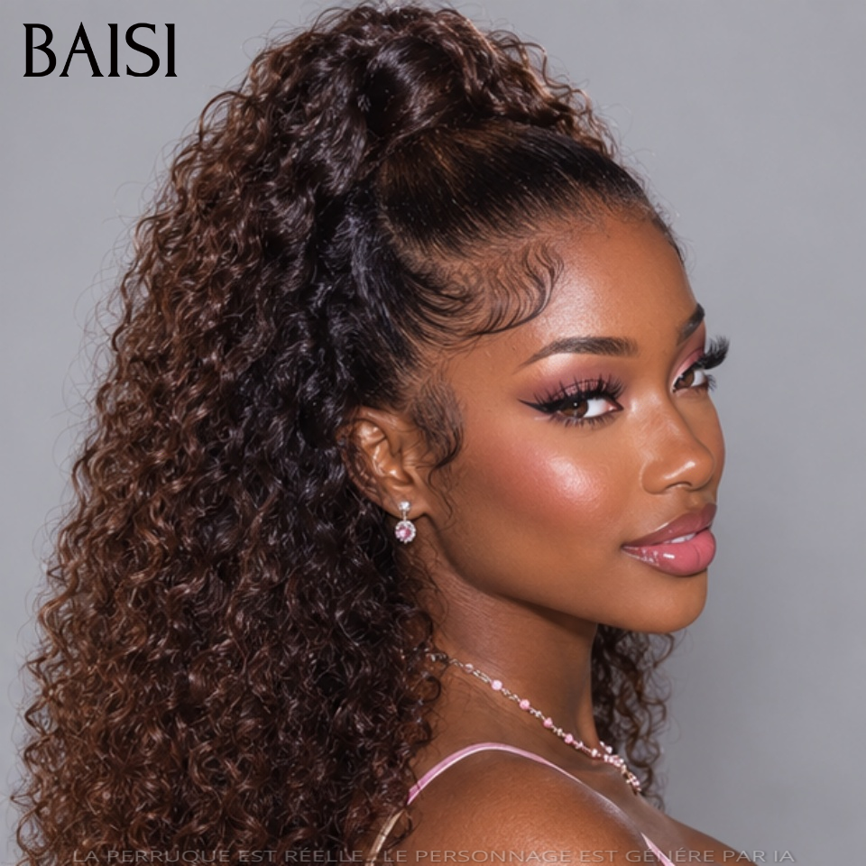 Perruque coiffée 18 pouce 129€ curly wave 13x4 lace frontal avec Queue de Cheval natte marron en 100% Cheveux Humains