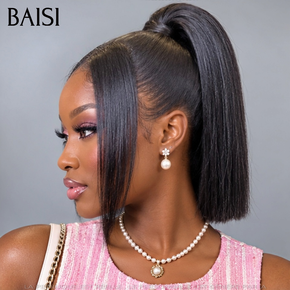 Perruque coiffée 10 pouce 89€ bob 13x4 lace frontal Lisse avec Queue de Cheval natte NOIR en 100% Cheveux Humains