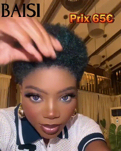 BAISI Perruque Pixie Afro Curl 13x4 lace frontal bouclé partout Noir en 100% cheveux humains F-905