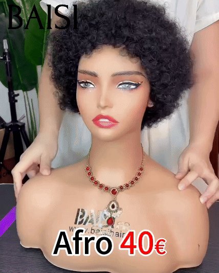 BAISI Offre Flash Perruques comme en LIVE 40€ Pixie Afro sans lace sans colle bouclé partout Noir en 100% cheveux humains