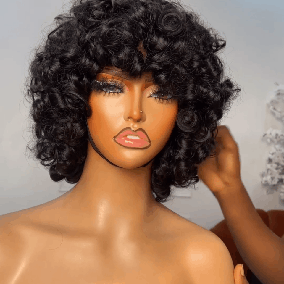BAISI Offre Flash 77€ Perruque Bob EGG wave avec Frange en Noir Sans Lace en 100% Cheveux Humains