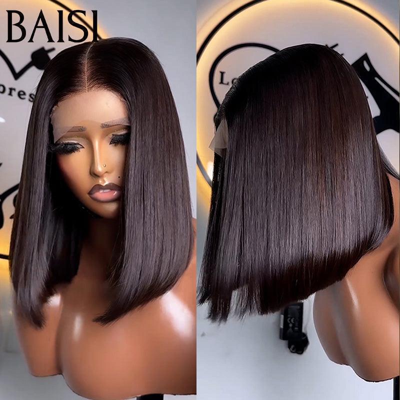 BAISI Perucas de Luxo Cabelo Vietnamita 2x6 Lace Peruca BOB Preta Lisa em 100% Cabelo Humano, 300% densidade