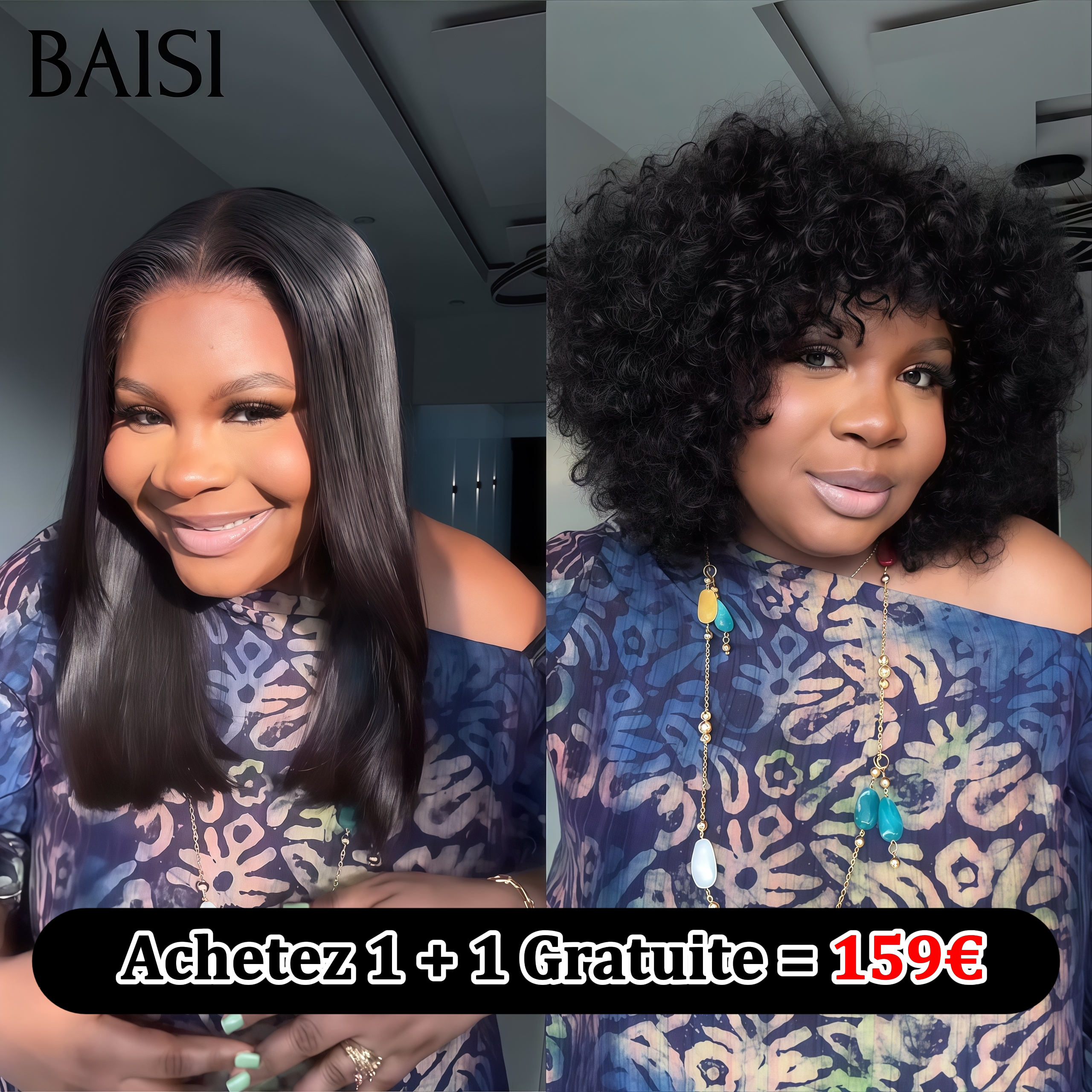 BAISI flash sale Buy 1 Get 1 Free = 159€ Glue-free, Easy to Wear 12 inches and 4x4 smooth lace 16 inches, 100% Real Human Hair