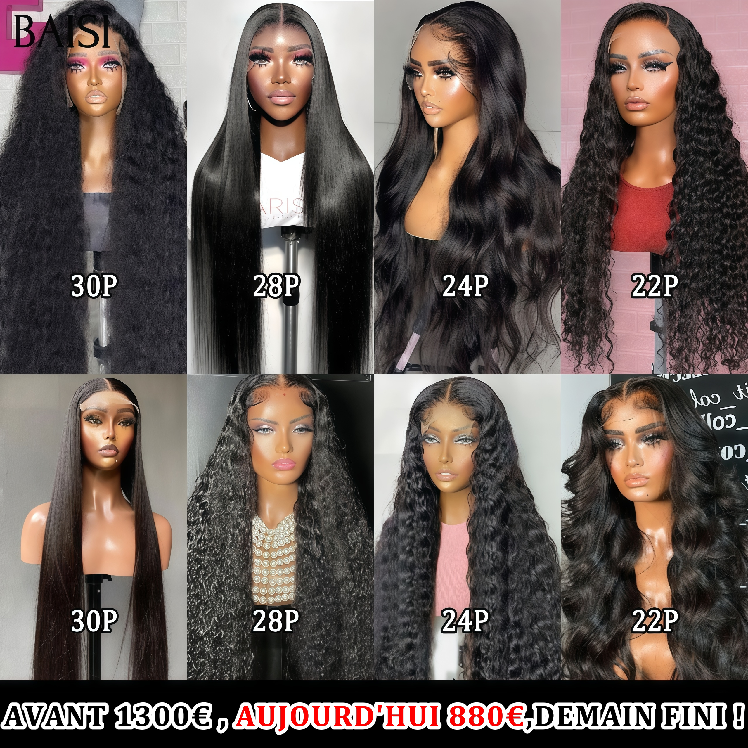 BAISI Lot De 8 Perruques Hyper Longue Lisse Avant 1300€ , Aujourd'hui 880€ En 100% Cheveux Humains 12A