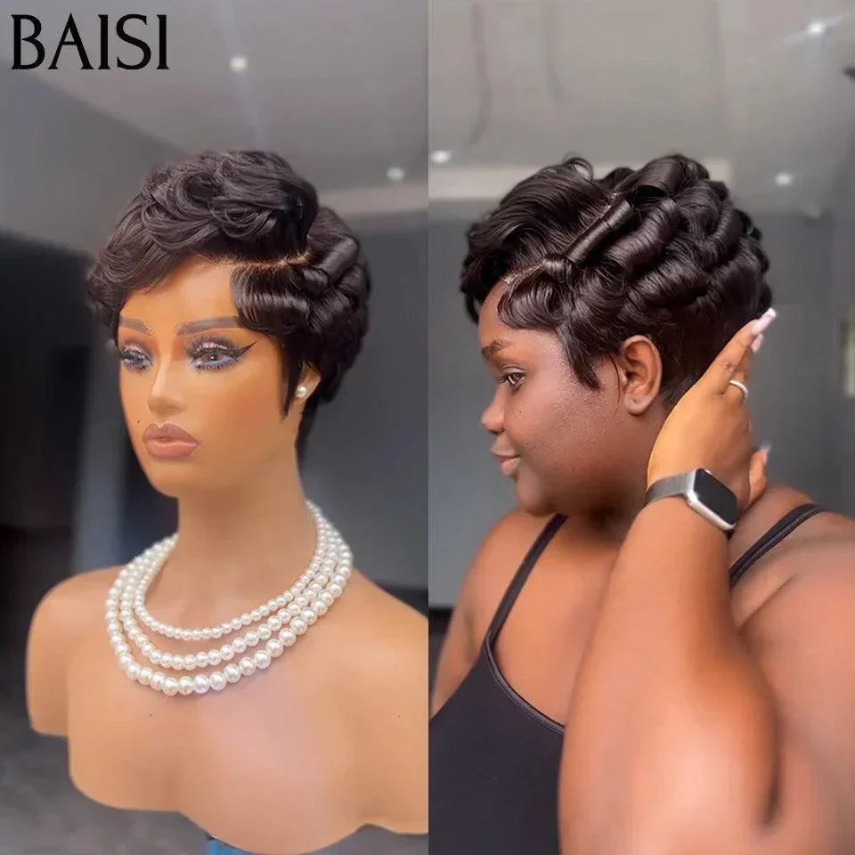 BAISI Peruca Pixie ondulada na cor preta 58€ em 100% cabelo humano