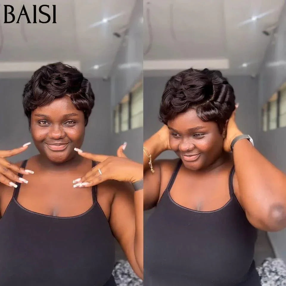 BAISI Peruca Pixie ondulada na cor preta 58€ em 100% cabelo humano