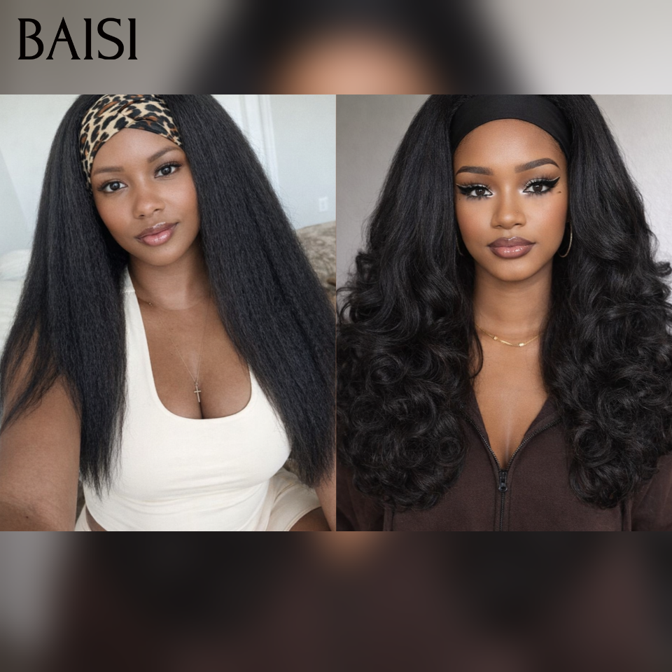 BAISI PRIX GROSSITE Promo 2 Perruques 100€ Blended human hair sans colle Perruque bandeau noir kinky straight et egg wave en 100% Cheveux Humains
