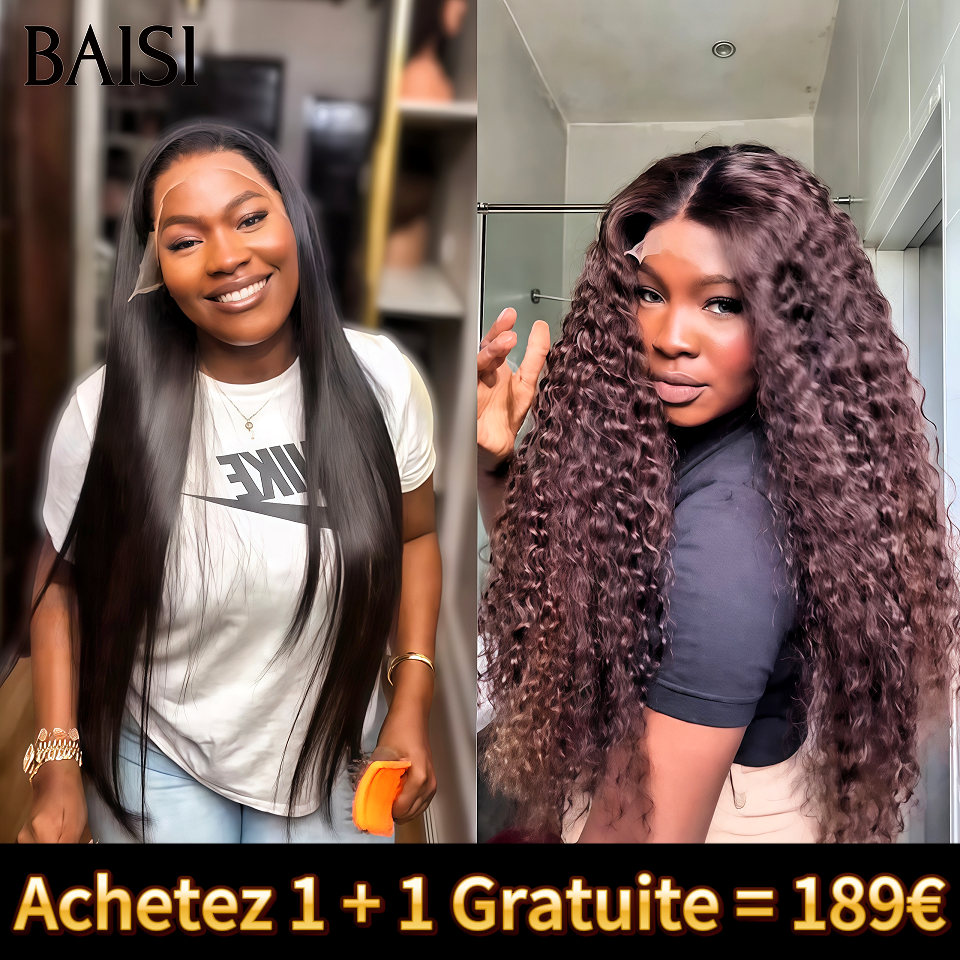 BAISI Achetez 1 + 1 Gratuite = 189€ Lace Frontale Perruque Lisse Noir et curly wave Marron en 100% Vrais Cheveux Humains