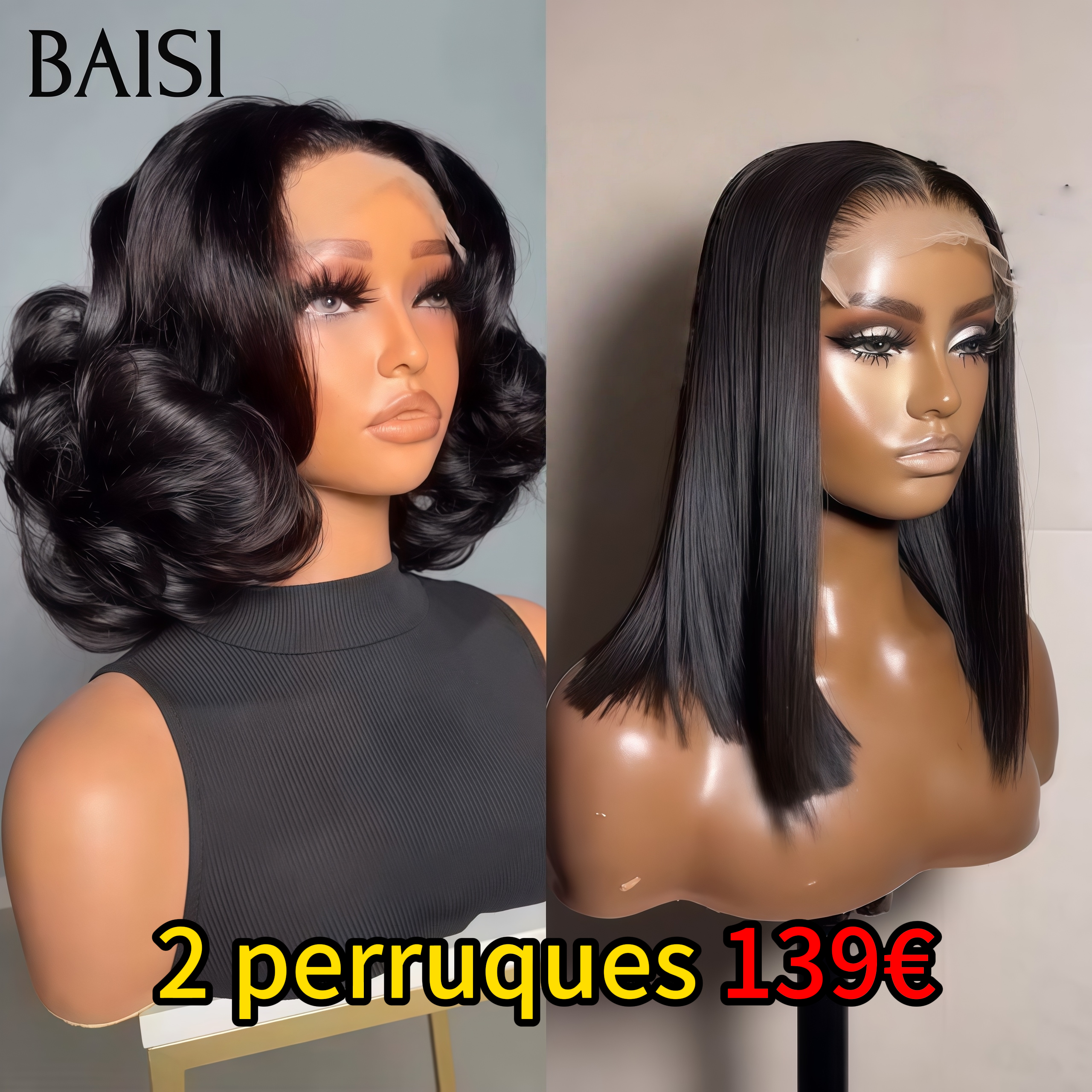 BAISI Perucas Venda Combinada 139€: fecho de renda 5x5 Egg Wave 10 polegadas e renda 4x4 Liso 10 polegadas em 100% Cabelo Humano