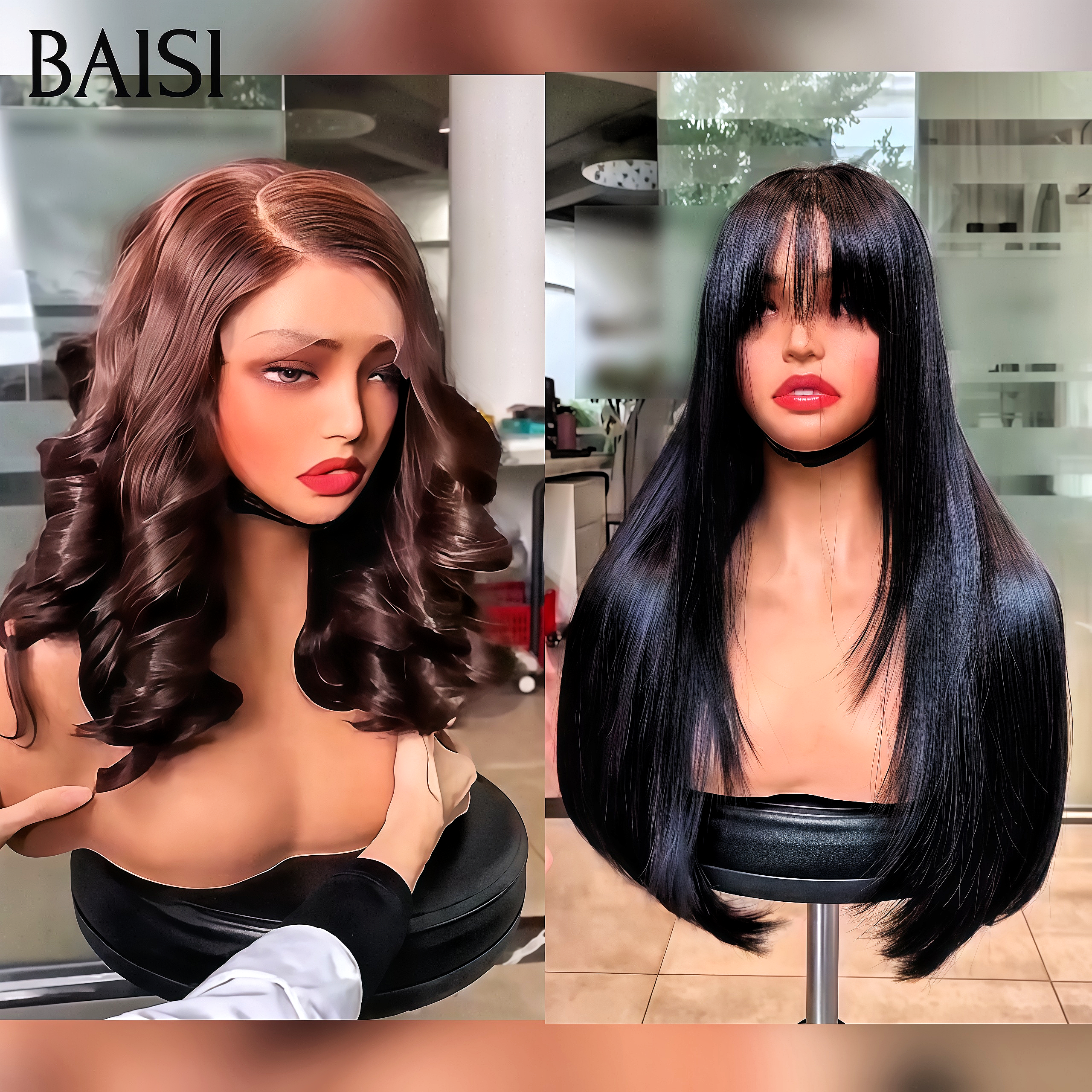 BAISI Gagnez 2 au Prix de 1 = 179€ egg wave en couleur Blended human hair et frange lisse en noir 16 pouce en 100% Cheveux Humains