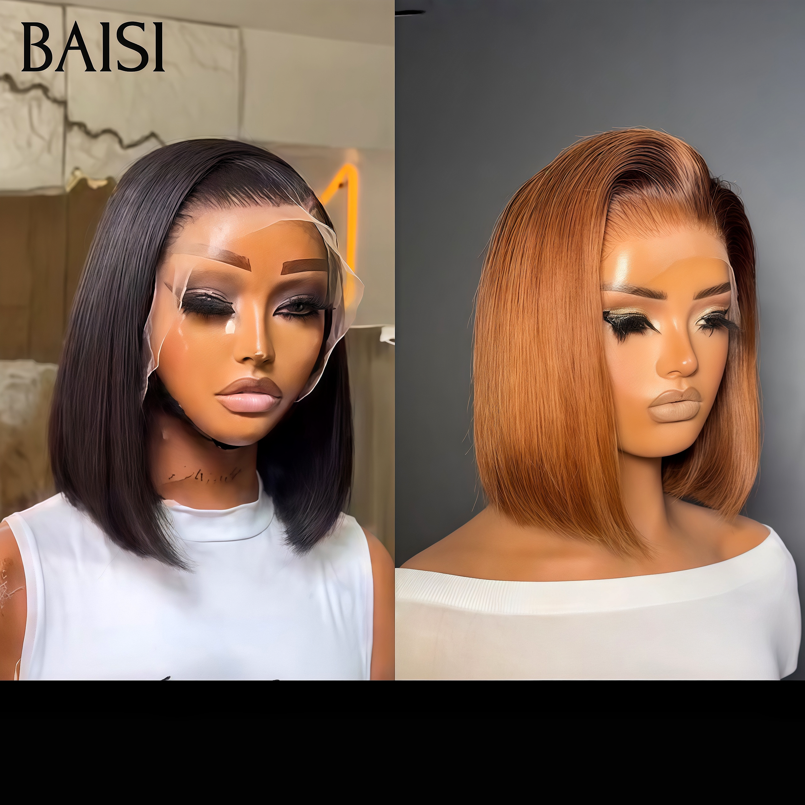 BAISI Promo 2 Perruques 128€ BOB PRIX GROSSITE sans Colle 13x4 lace frontal Lisse 10 Pouces 2 couleurs noir et Marron en 100% Cheveux Humains