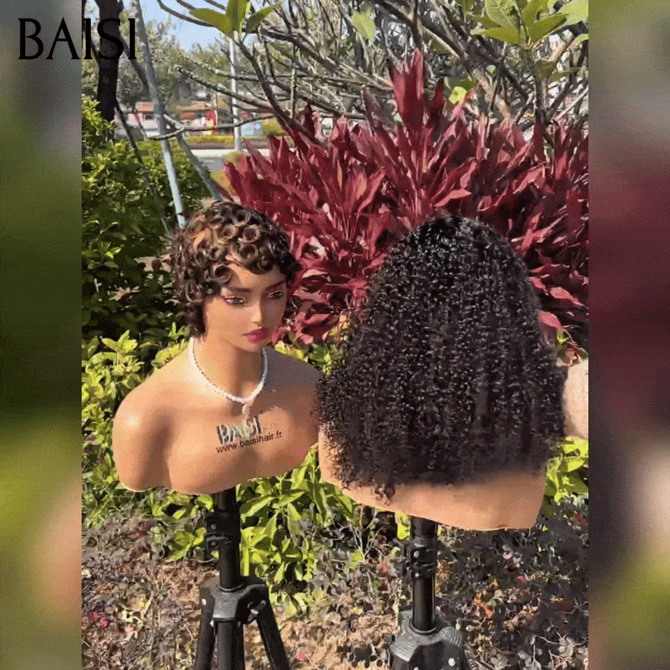 BAISI Achetez 1 + 1 Gratuite=129€ 13x4 lace frontal curly wave et pixie finger wave Mixte Miel en 100% Cheveux Humains