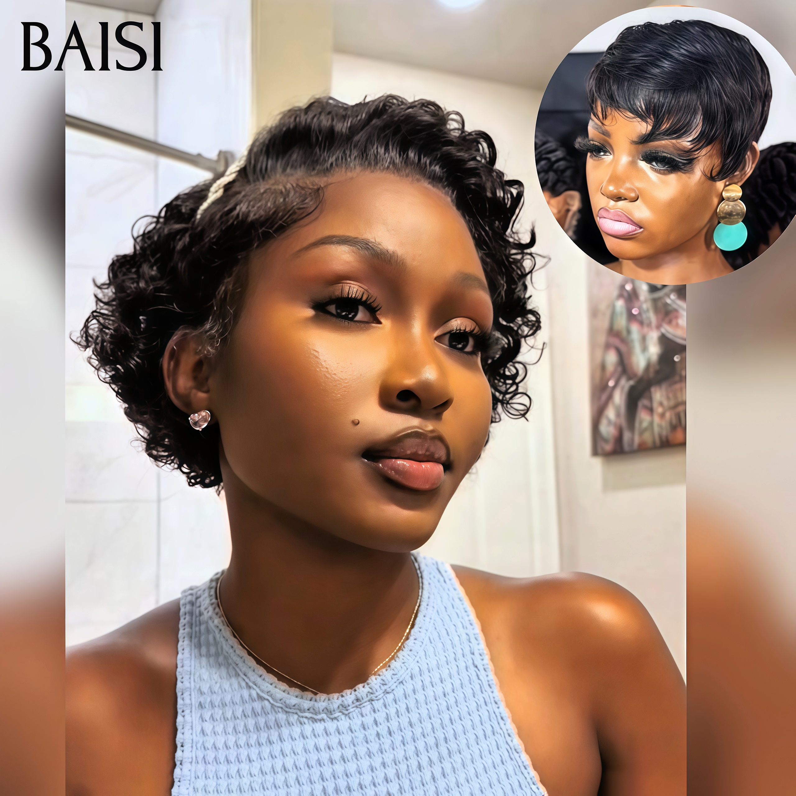 BAISI Achetez 1 + 1 Gratuite 69€ 13x4 lace frontal pixie curly wave NOIR et sans Colle pixie Lisse en 100% Cheveux Humains