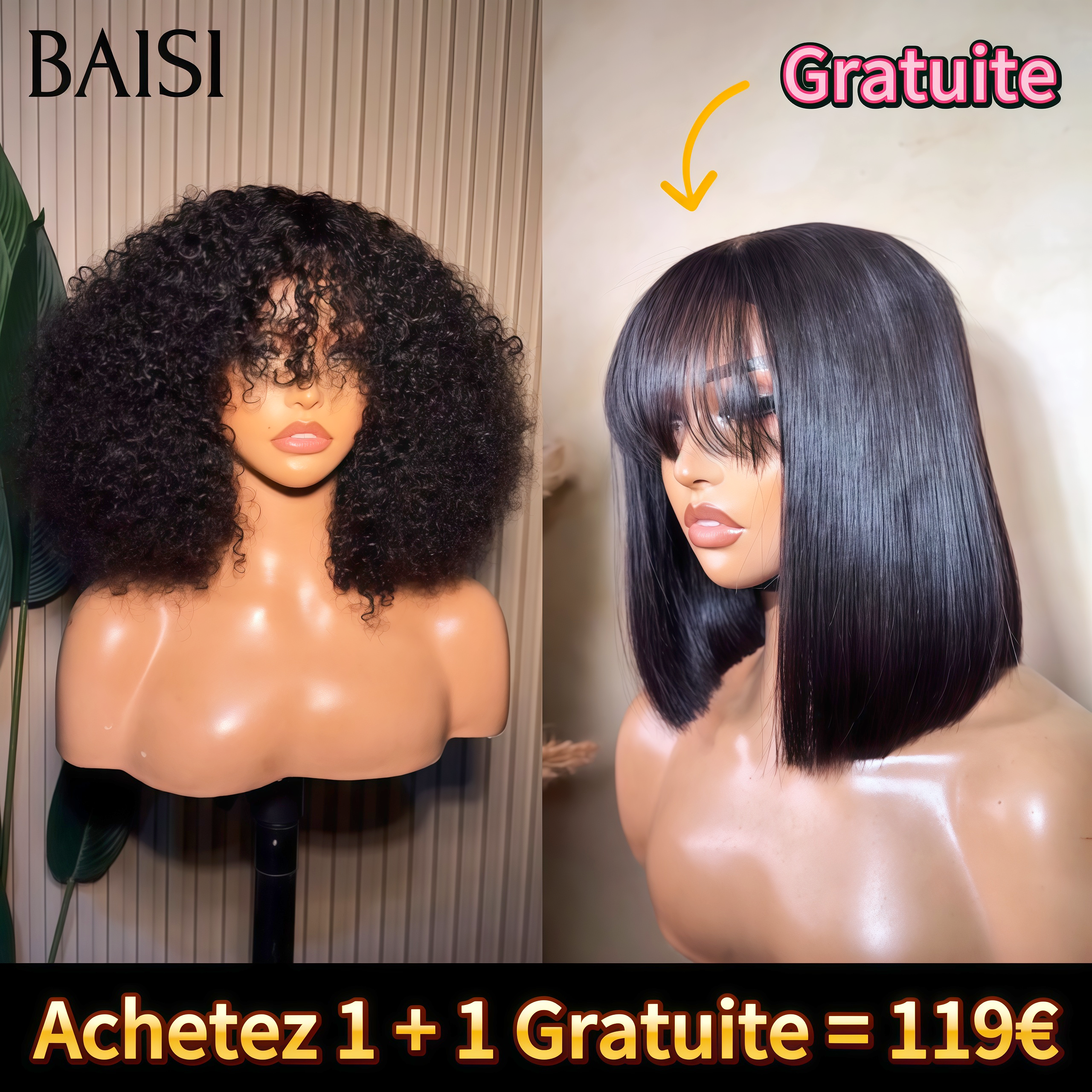 BAISI Set da 2 parrucche Compra 1 + 1 Gratis = 119€ BOB liscio con frangia e water wave in 100% capelli umani veri