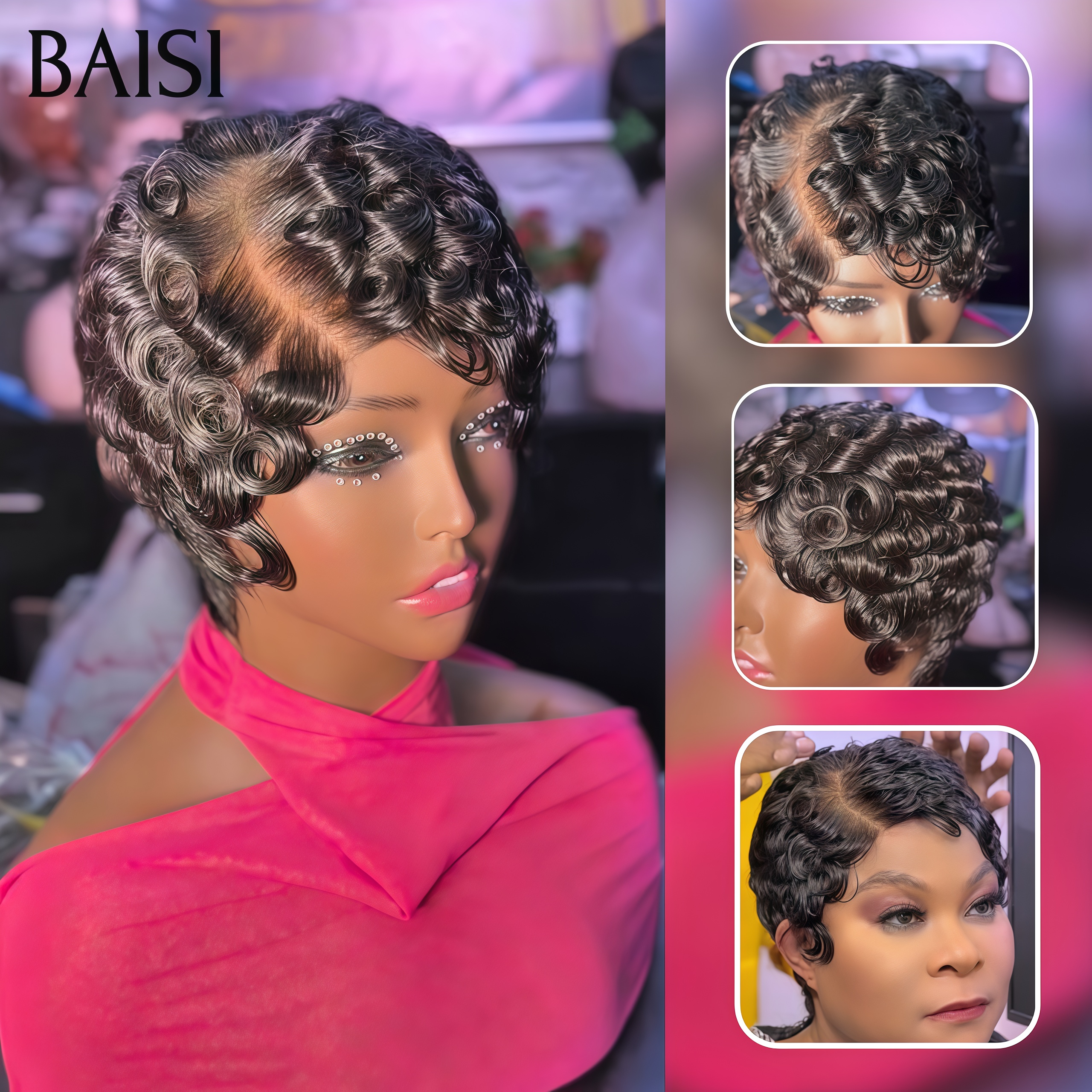 BAISI Perruque pixie chioma Avec Frontale 1 Chioma + Cadeaux = 50€ en France finger wave en 100% Cheveux Humains