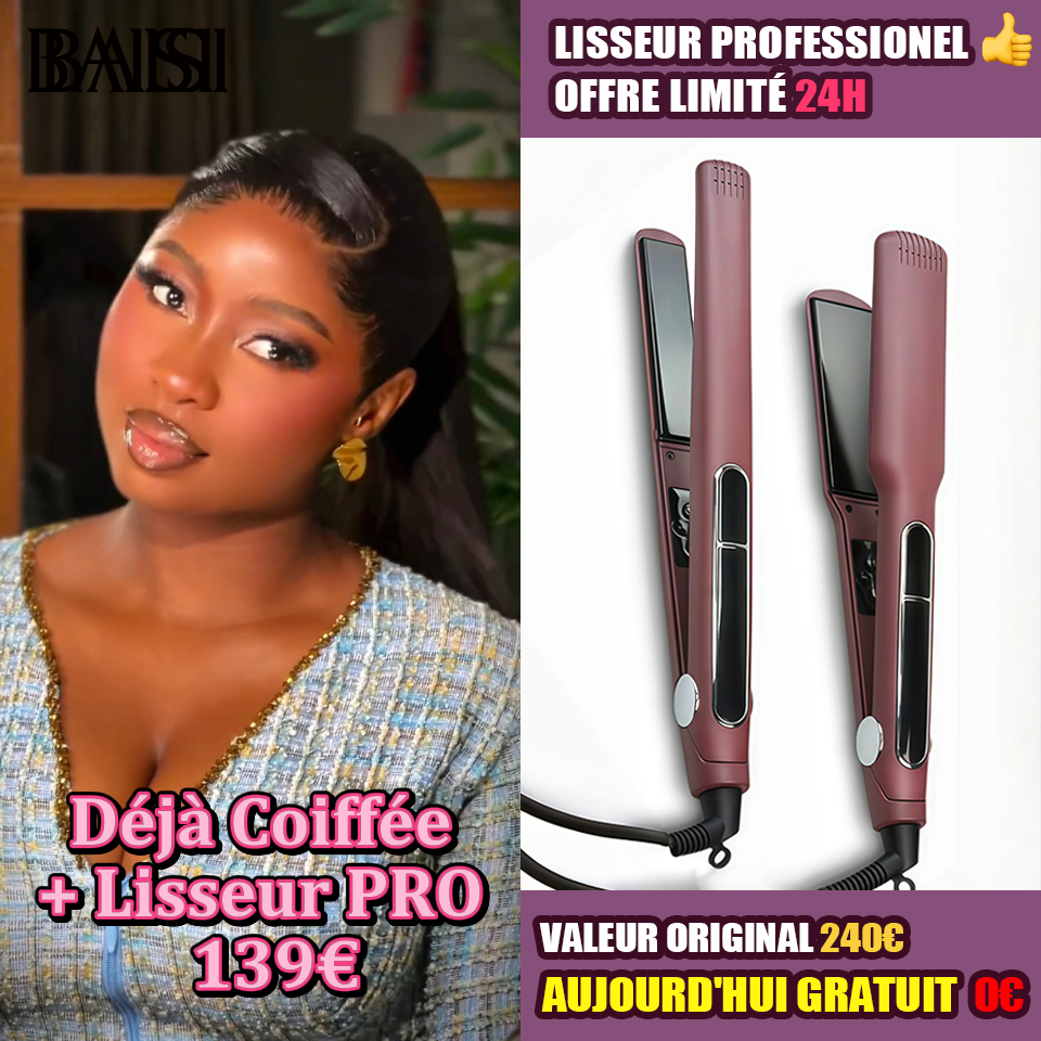 BAISI perruque Déjà Coiffée + Lisseur PRO Gratuite PROMO en Couleur Noir à moitié prix en 100% cheveux humains
