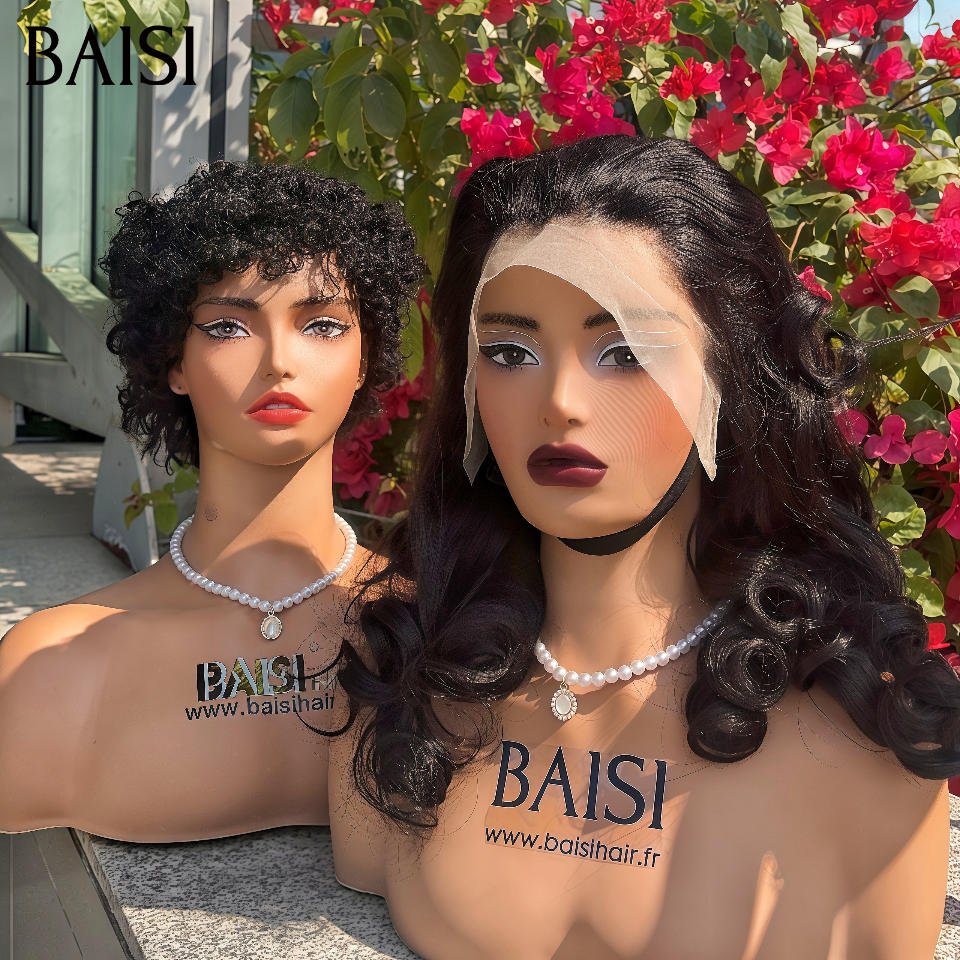 BAISI Achetez 1 + 1 Gratuite=149€ 13x4 lace frontal egg wave NOIR 14 Pouces et curly wave pixie en 100% Cheveux Humains