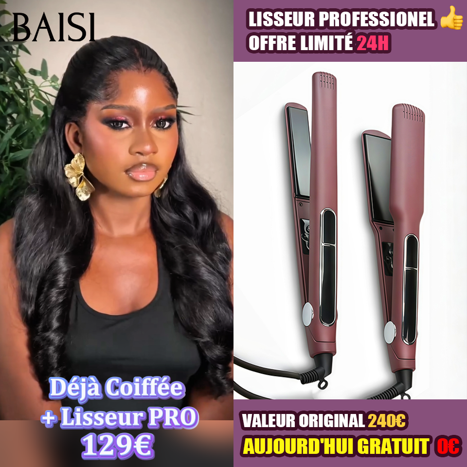 BAISI perruque Body Wave + Lisseur PRO Gratuite PROMO en Couleur Noir à moitié prix en 100% cheveux humains