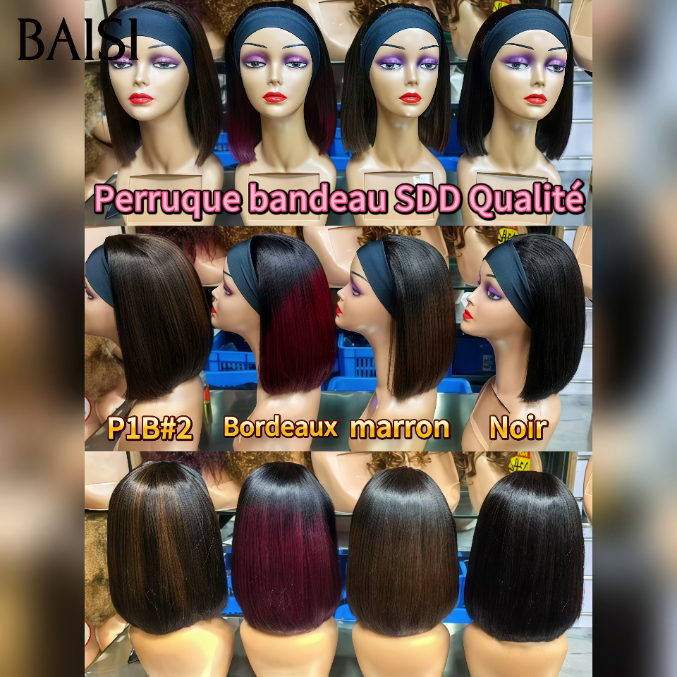 BAISI Perruque Bandeau BOB Lisse SDD bone straight 100% Vietnam hair Fabriquée A La Machine sans Colle 4 couleurs en 100% Cheveux Humains
