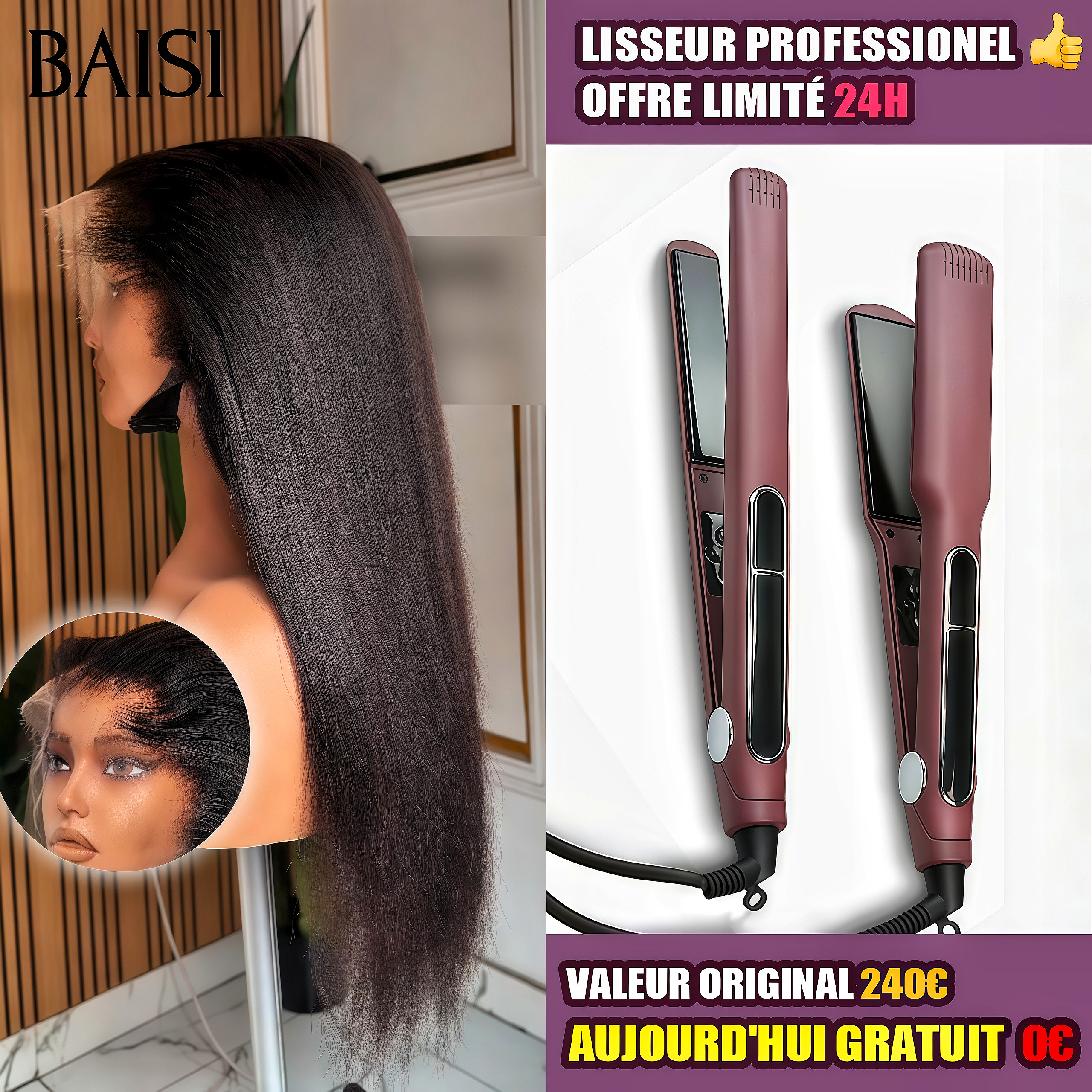 BAISI Perruques 13x4 Lace frontal Kinky Straight 14 pouce Raw Hair plus 1 Lisseur PRO Gratuite 99€ PROMO Offre spéciale en 100% vrais cheveux humains