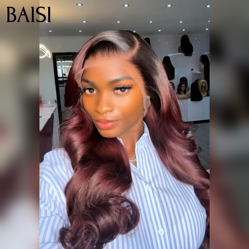 BAISI Achetez 2 perruques minimum au prix d'usine fournisseur 13x4 lace frontal Perruque Body Wave Bordeaux 1B99J En 100% Vrais Cheveux Humains (Pas Besoins De Code)