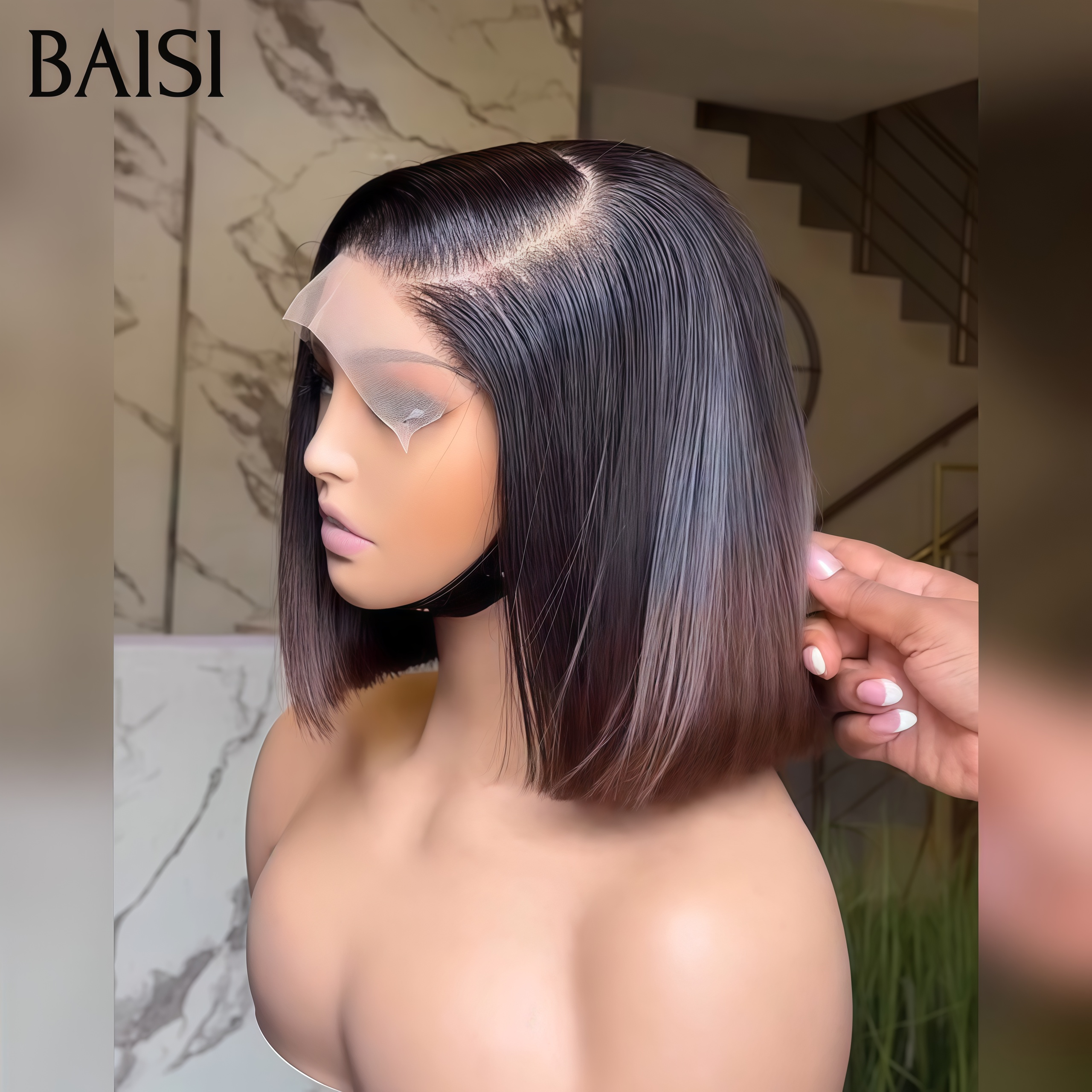 BAISI Peruca lace closure de luxo lisa bob em castanho 1BT4# BONE STRAIGHT, 250% densidade, A1, feita com cabelo double drawn