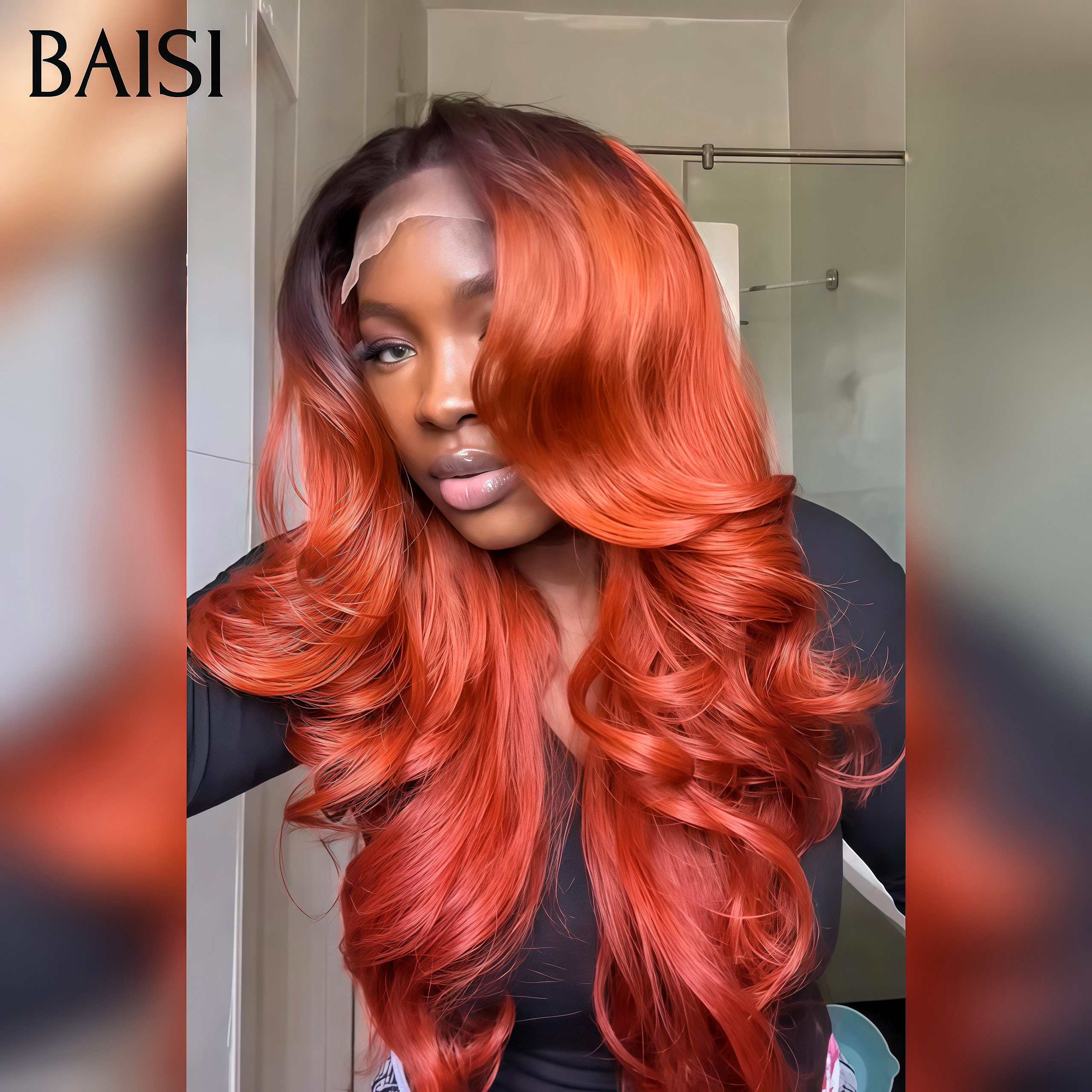 BAISI 13X4 Peruca Body Wave Longa em Cor Laranja #4T350# em 100% Cabelo Humano
