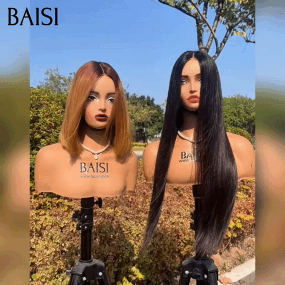 BAISI Achetez 1 + 1 Gratuite=159€ 13x4 lace frontal Lisse NOIR 20 Pouces et Lisse BOB 8 Pouces Miel en 100% Cheveux Humains