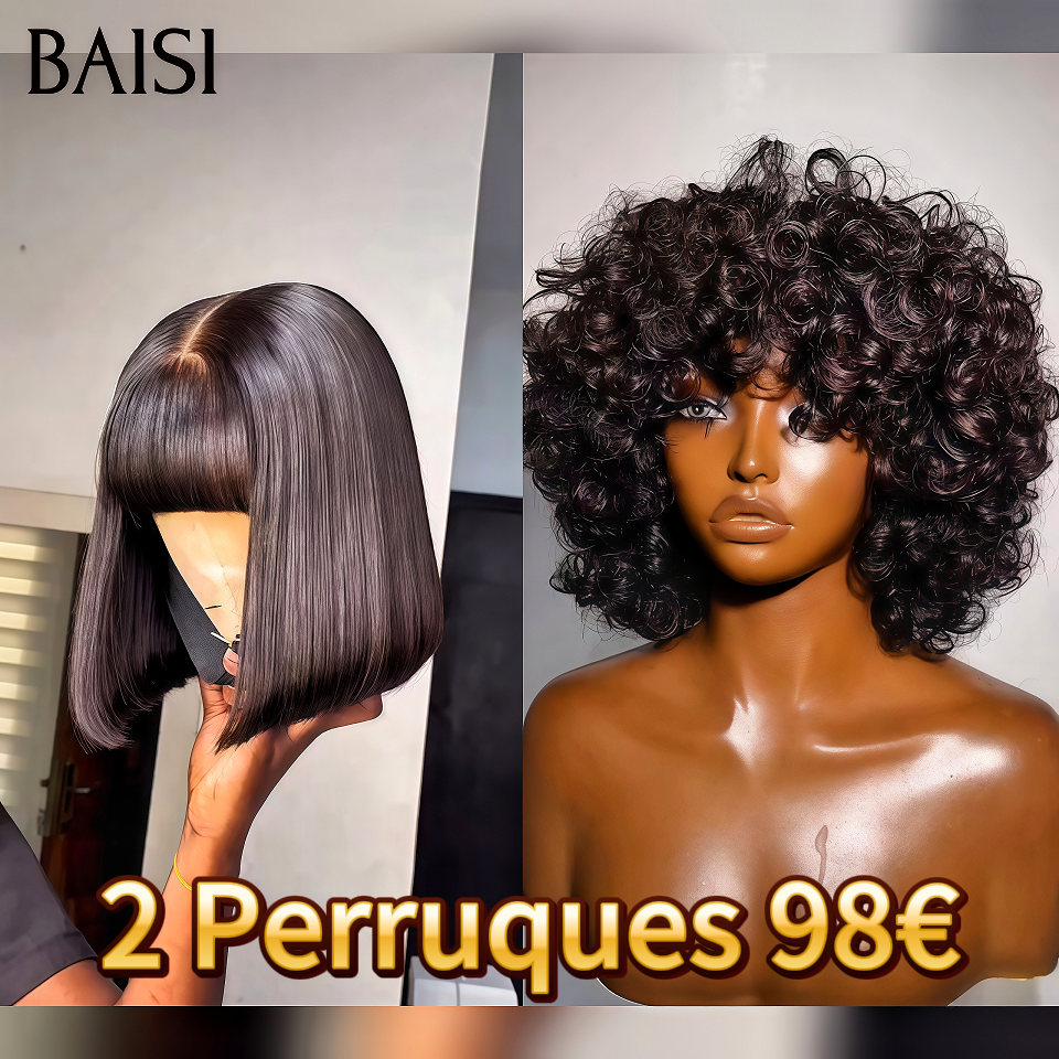 BAISI 2 perruques 98€ sans lace avec Lisse 8 Pouces et egg wave 10 Pouces en 100% vrais cheveux humains