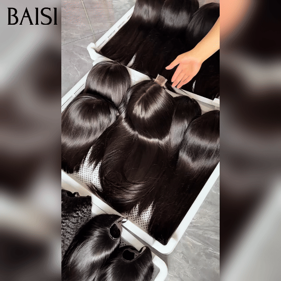 BAISI Achetez 2 perruques minimum au prix d'usine fournisseur Lace closure Perruque Lisse Noir Sans Colle Lace déjà couper Facile à Porter en 100% Vrais Cheveux Humains (Pas Besoin de Code)