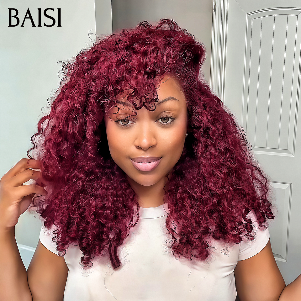 BAISI BLACK FRIDAY BAS Prix 100€ 13x4 Lace Frontal Perruque curly Wave Highlight Bordeaux en 100% Cheveux Humains