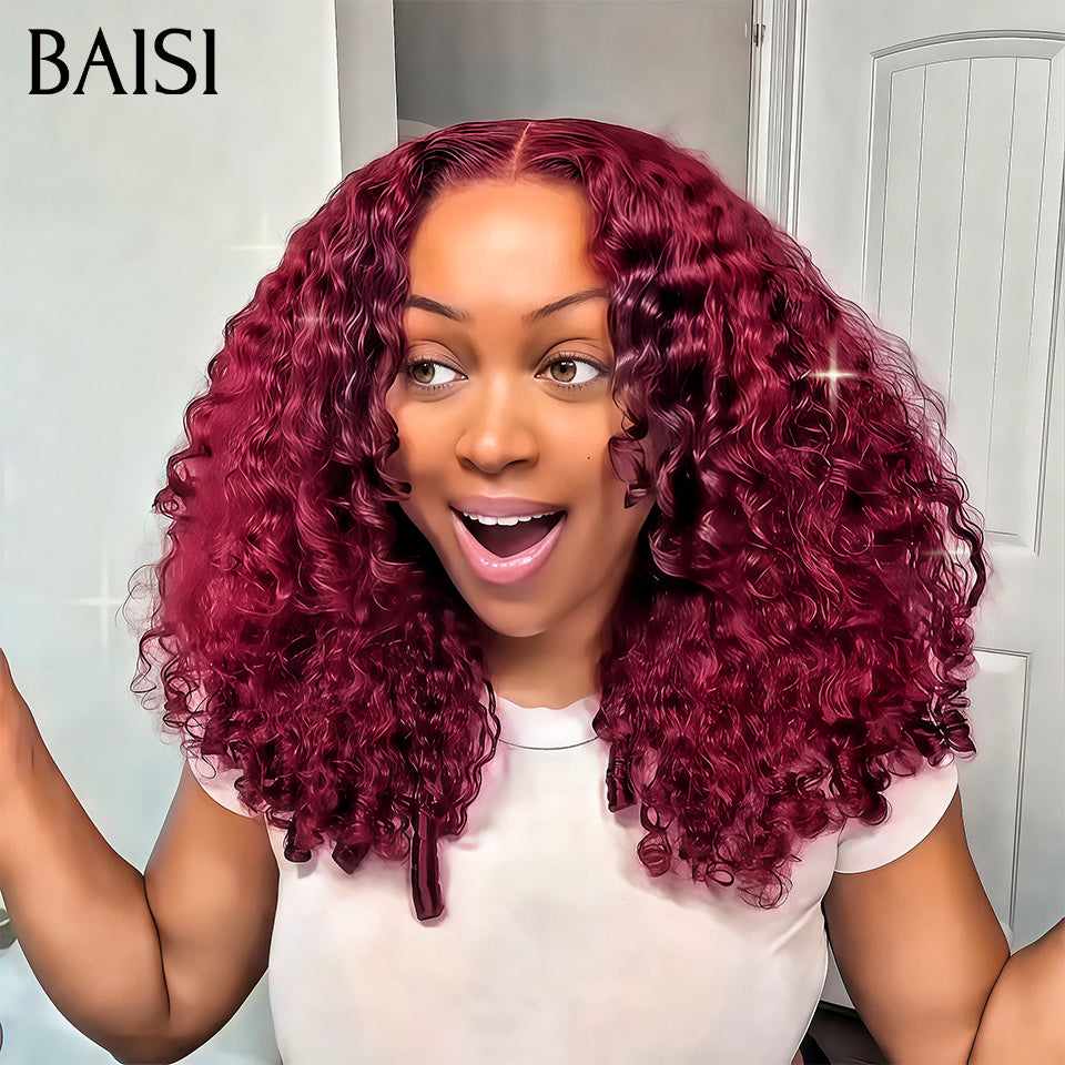BAISI Achetez 2 perruques minimum au prix d'usine fournisseur BLACK FRIDAY Promo 13X4 lace en Couleur Rouge bordeaux 99J# curly wave (Pas Besoin de Code)