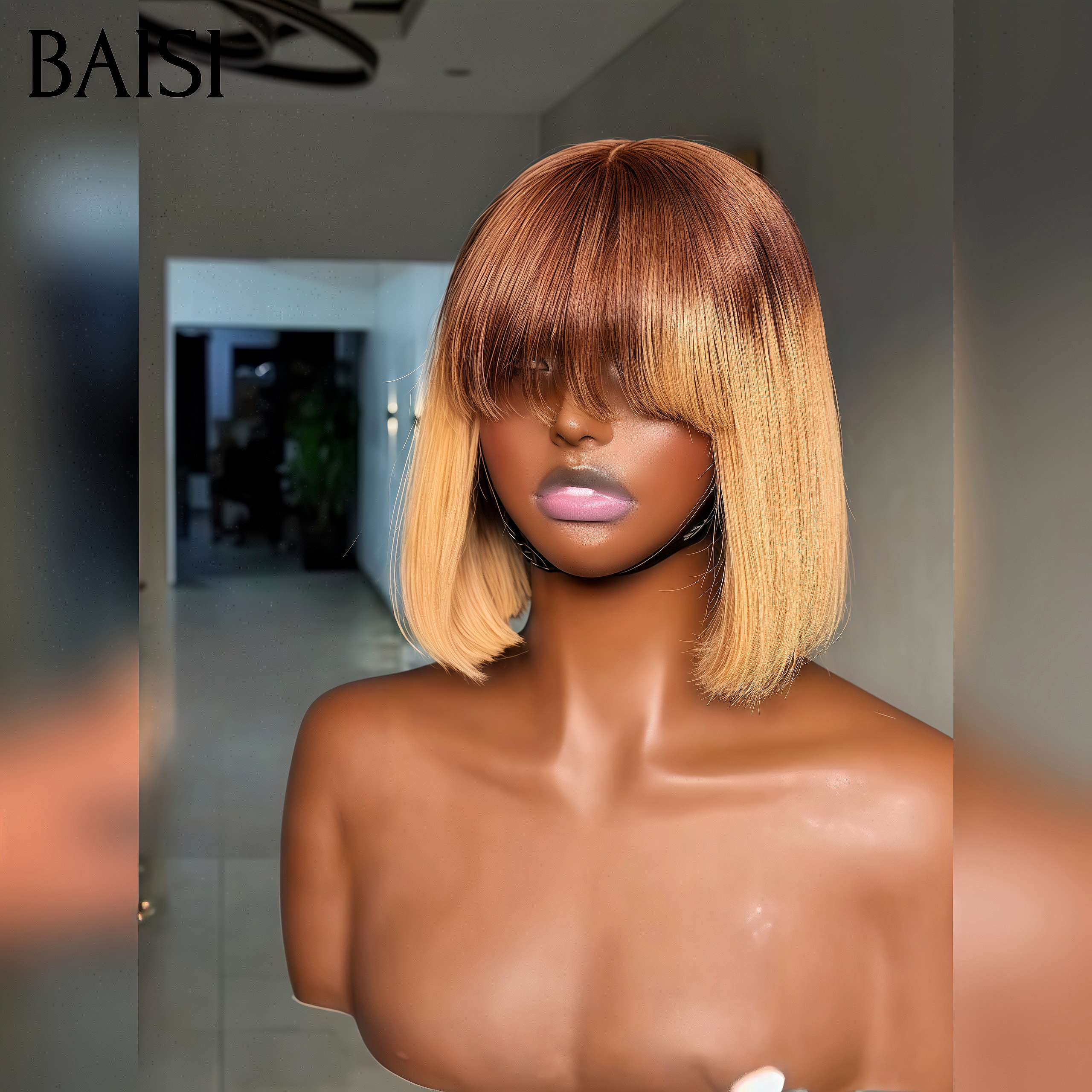 BAISI Peruca bob lisa com franja SDD Vietname Hair, corte quadrado, cor mel, em 100% cabelo humano verdadeiro