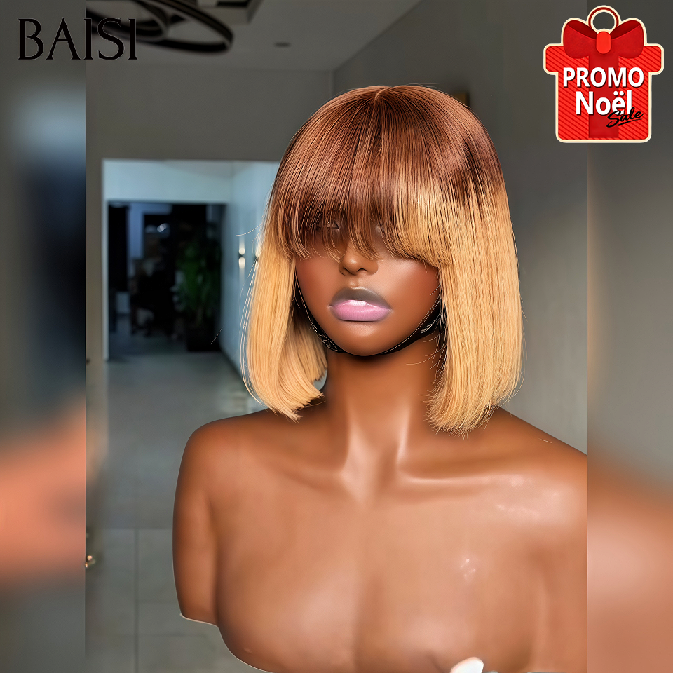BAISI Peruca bob lisa com franja SDD Vietname Hair, corte quadrado, cor mel, em 100% cabelo humano verdadeiro