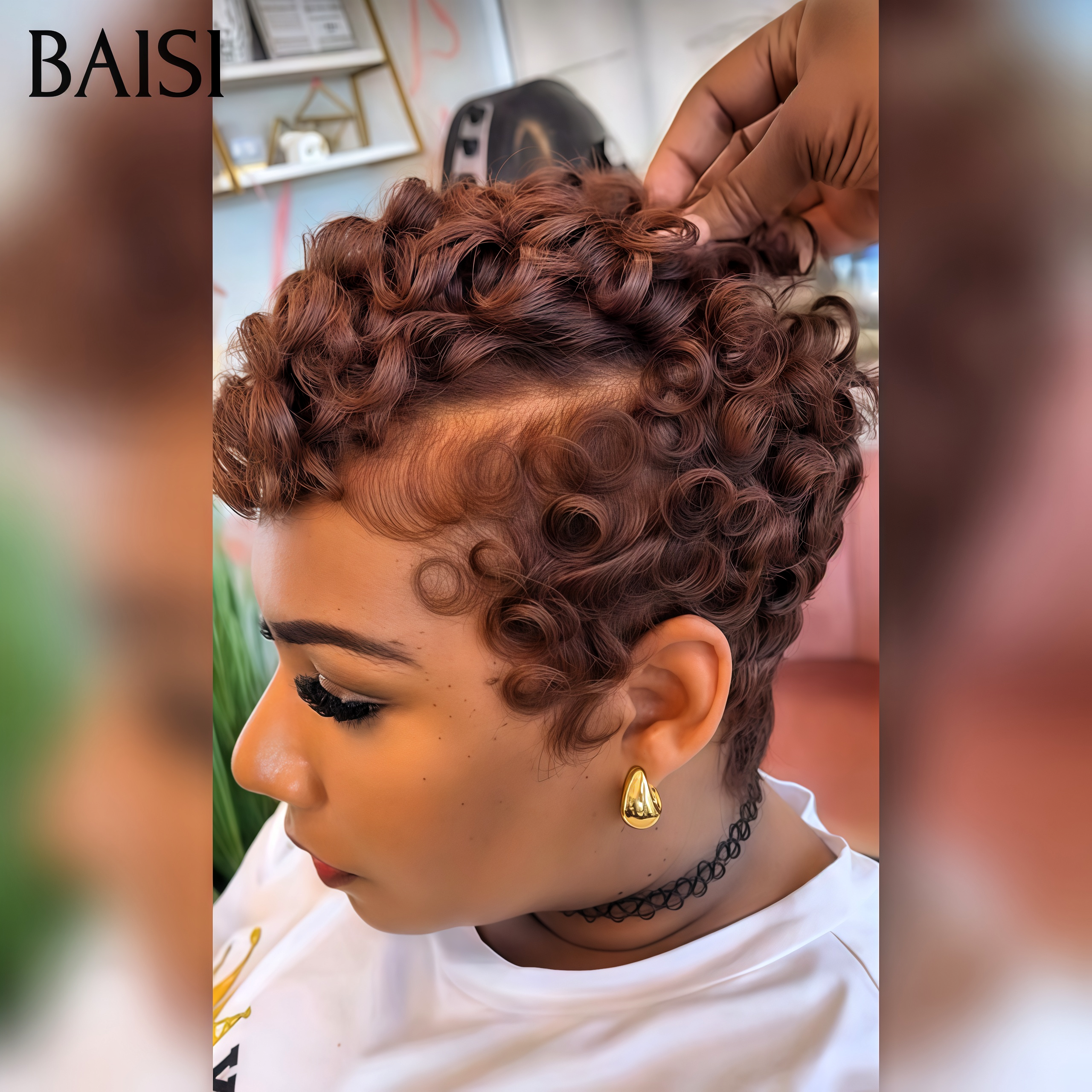 BAISI Perruque chioma pixie Marron finger wave sans Colle en 100% Raw Hair Lace déjà couper
