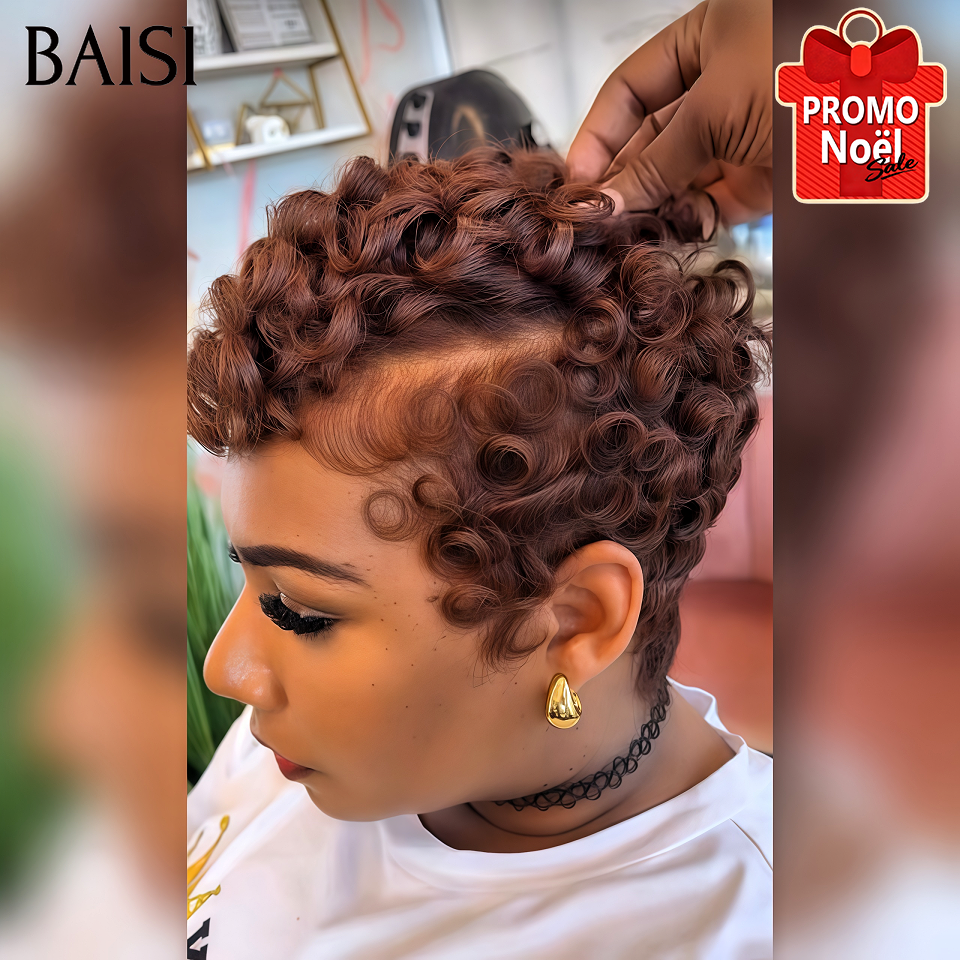 BAISI Perruque chioma pixie Marron finger wave sans Colle en 100% Raw Hair Lace déjà couper