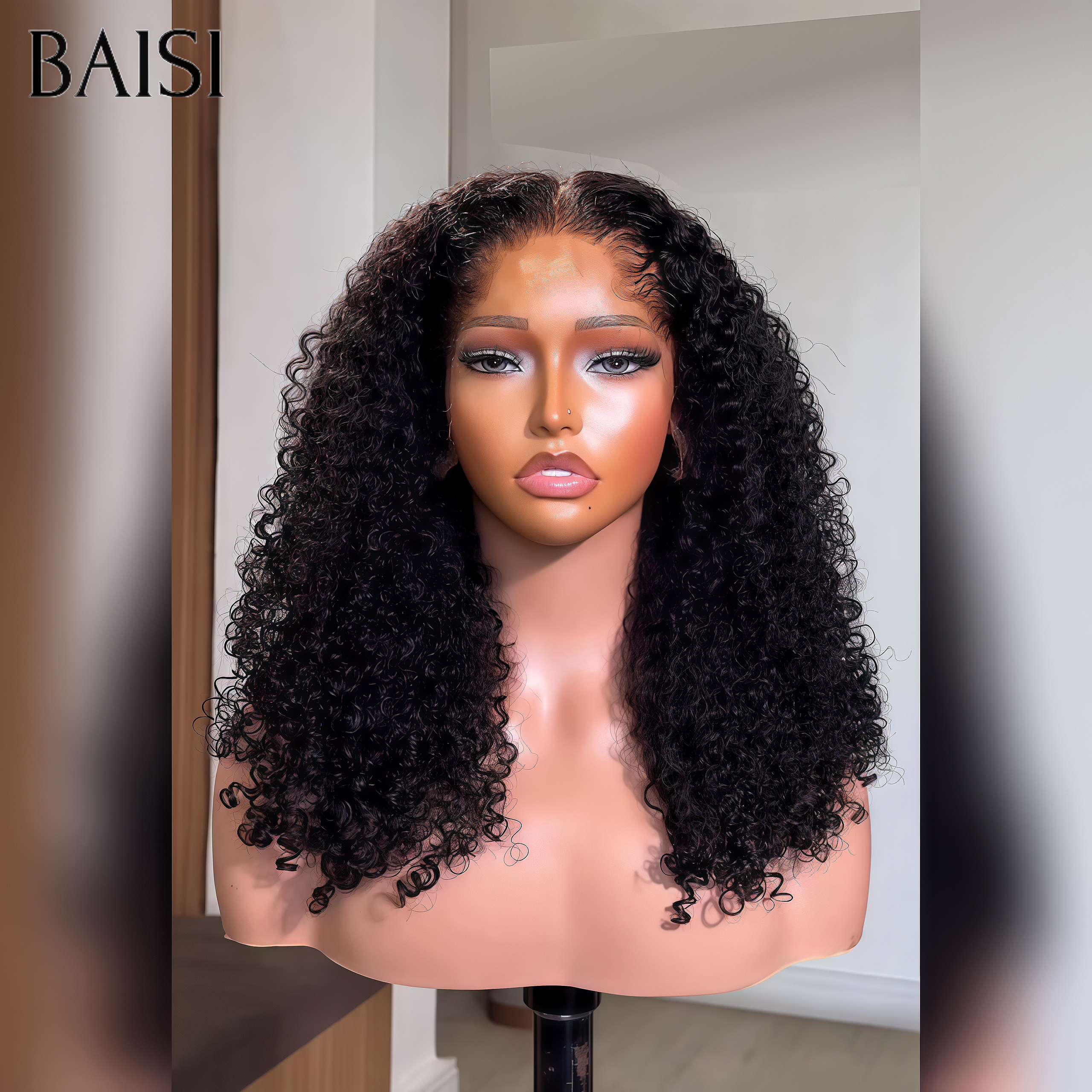 BAISI Perruque BOB 13x4 lace frontal NOIR curly wave en 100% cheveux humains