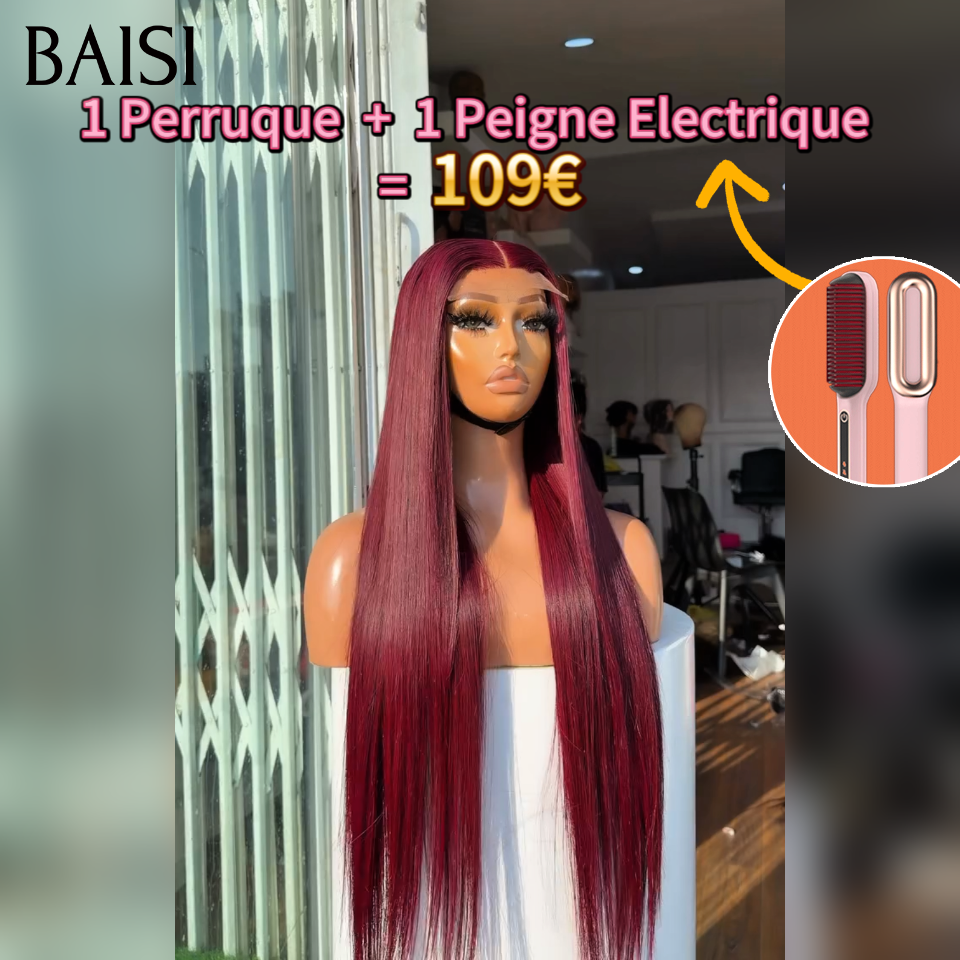 BAISI 13x4 Frontal Perruque Lisse 1 Perruque + 1 Peigne Electrique = 109€ 20 Pouces en couleurs Bordeaux 99J# en 100% Cheveux Humains