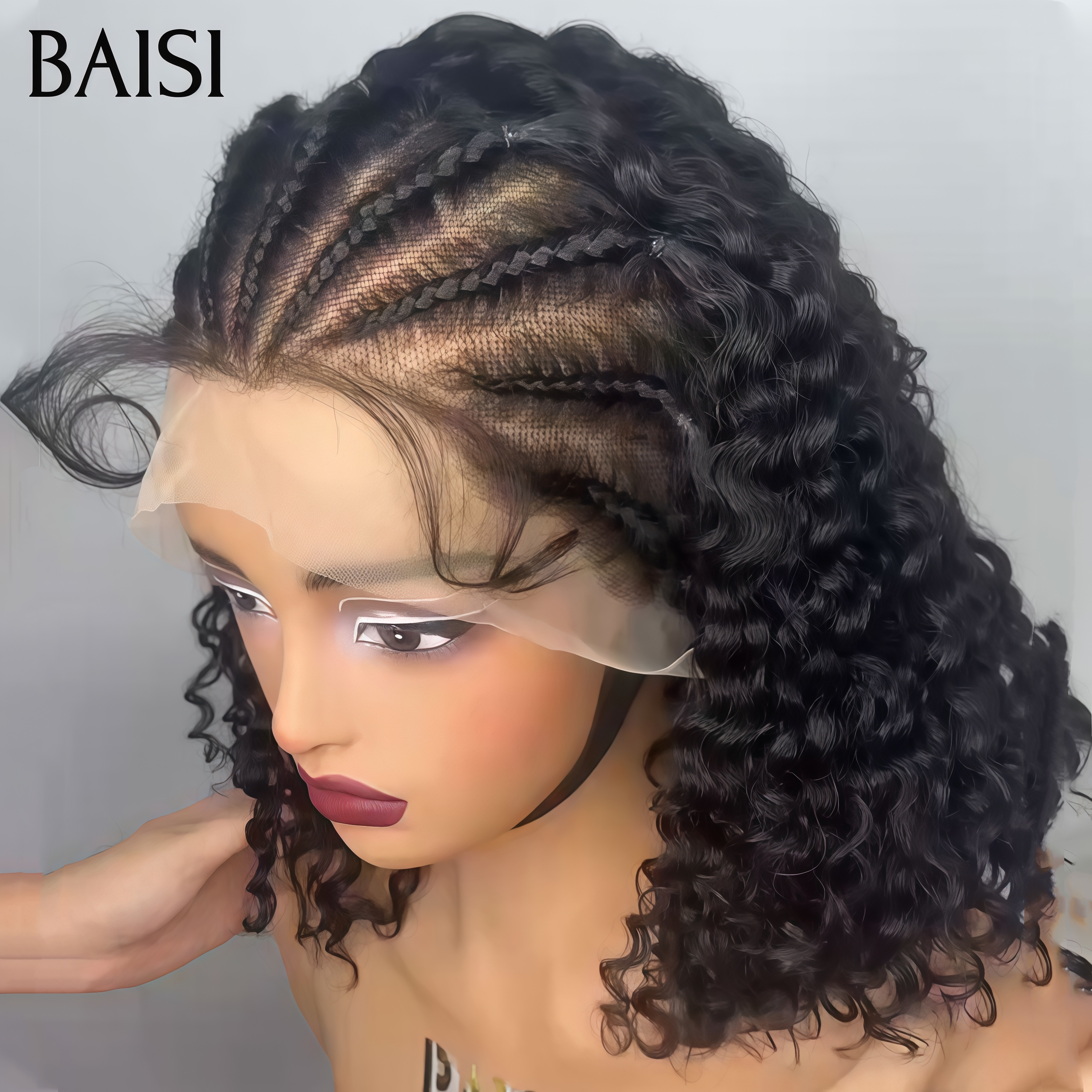 BAISI PROMO 70€ 13X4 lace frontal avec natte 10 Pouces curly wave NOIR en 100% Comme le montre l'image en 100% vrais cheveux humains