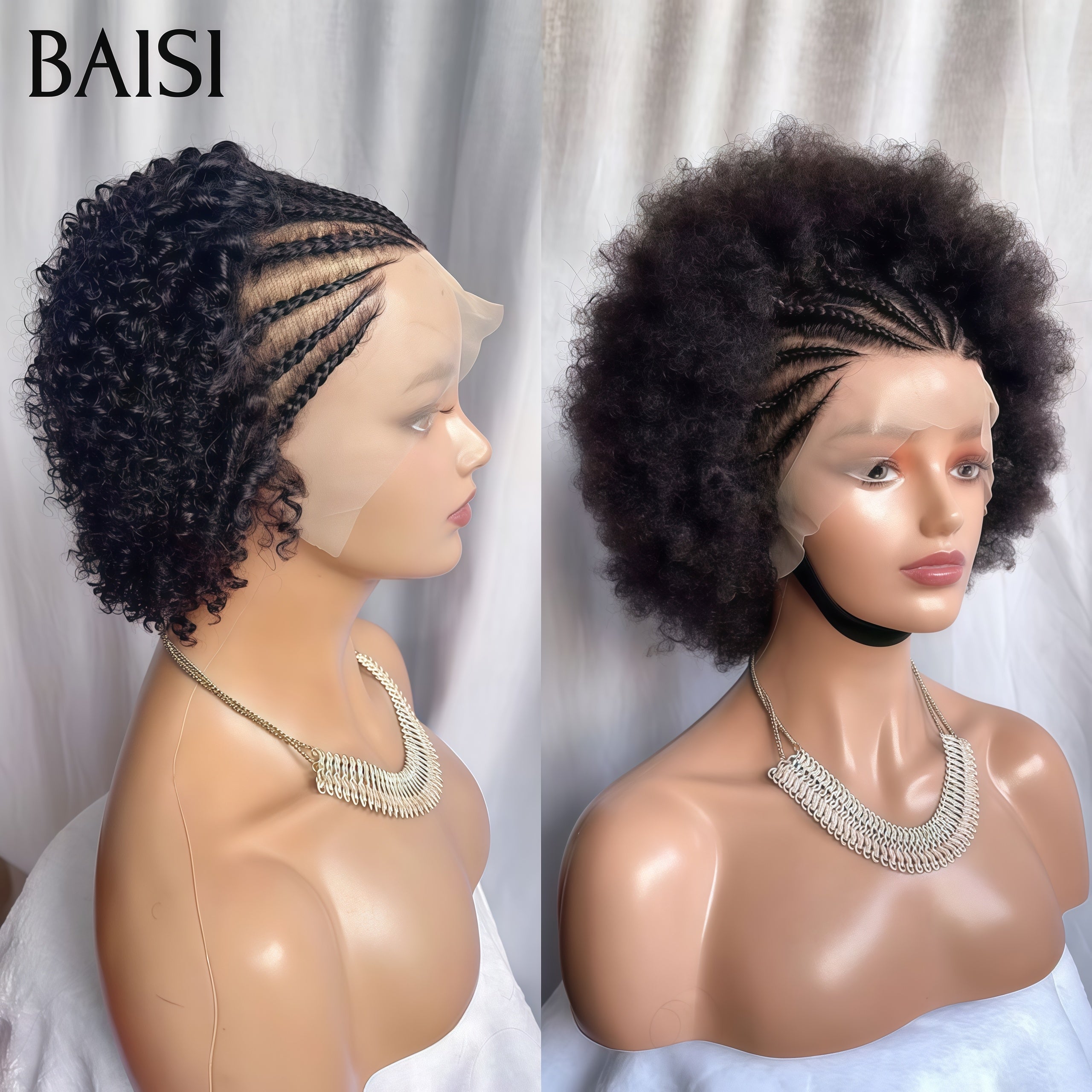 BAISI PROMO 2 perruques natte 99€ 13X4 lace frontal avec natte pixie curly wave et afro curly NOIR en 100% Comme le montre l'image en 100% vrais cheveux humains