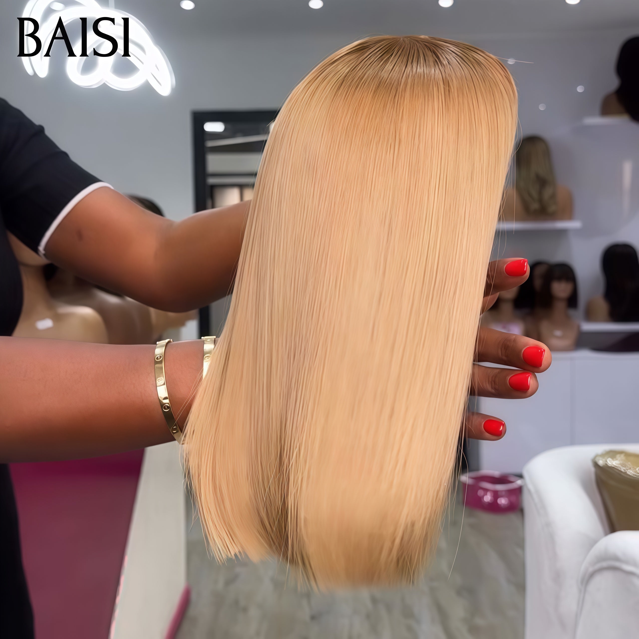 BAISI 2x6 Lace Perruque Lisse Miel 4T27# ou #613 Blonde 8 Pouces En 100% Cheveux Humains Vietnam Hair