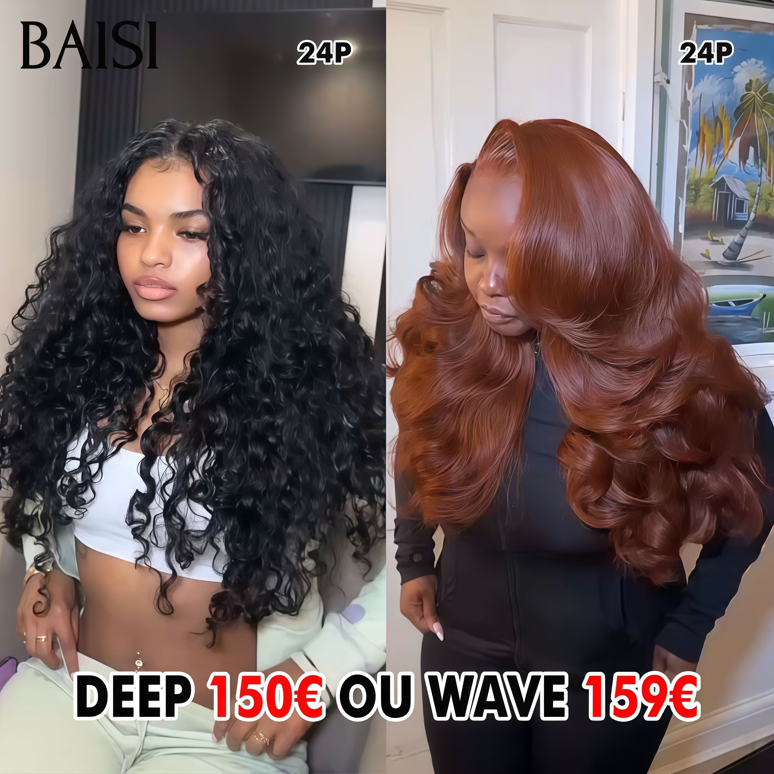 BAISI 2 perruques 24 Pouces 13X4 lace frontal curly wave 150€ ou Body wave marron en 100% Cheveux Humains