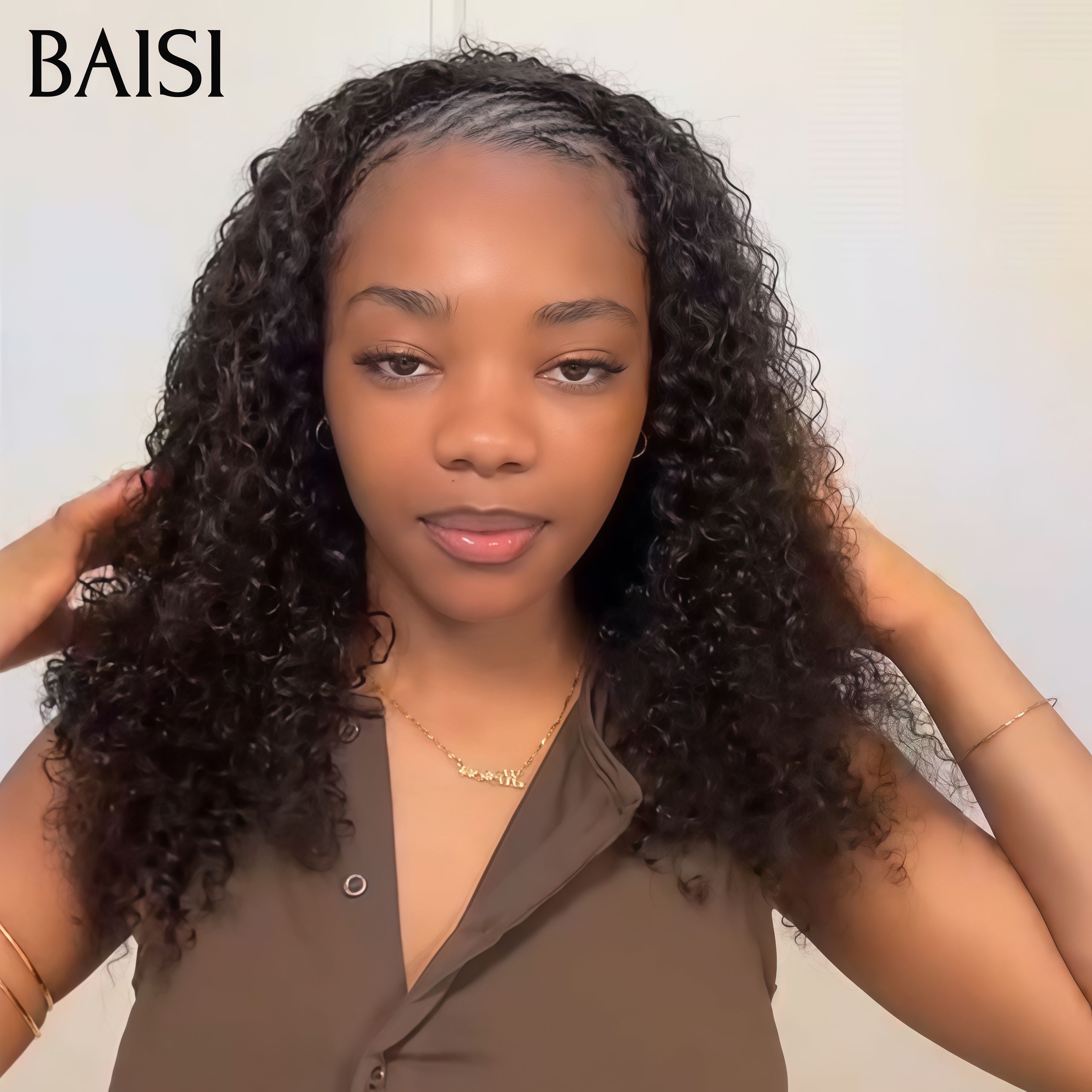 BAISI Perruque demi tête clips hair extension 18 Pouce 169€ Facile à porter Noir Curly wave en 100% cheveux humains