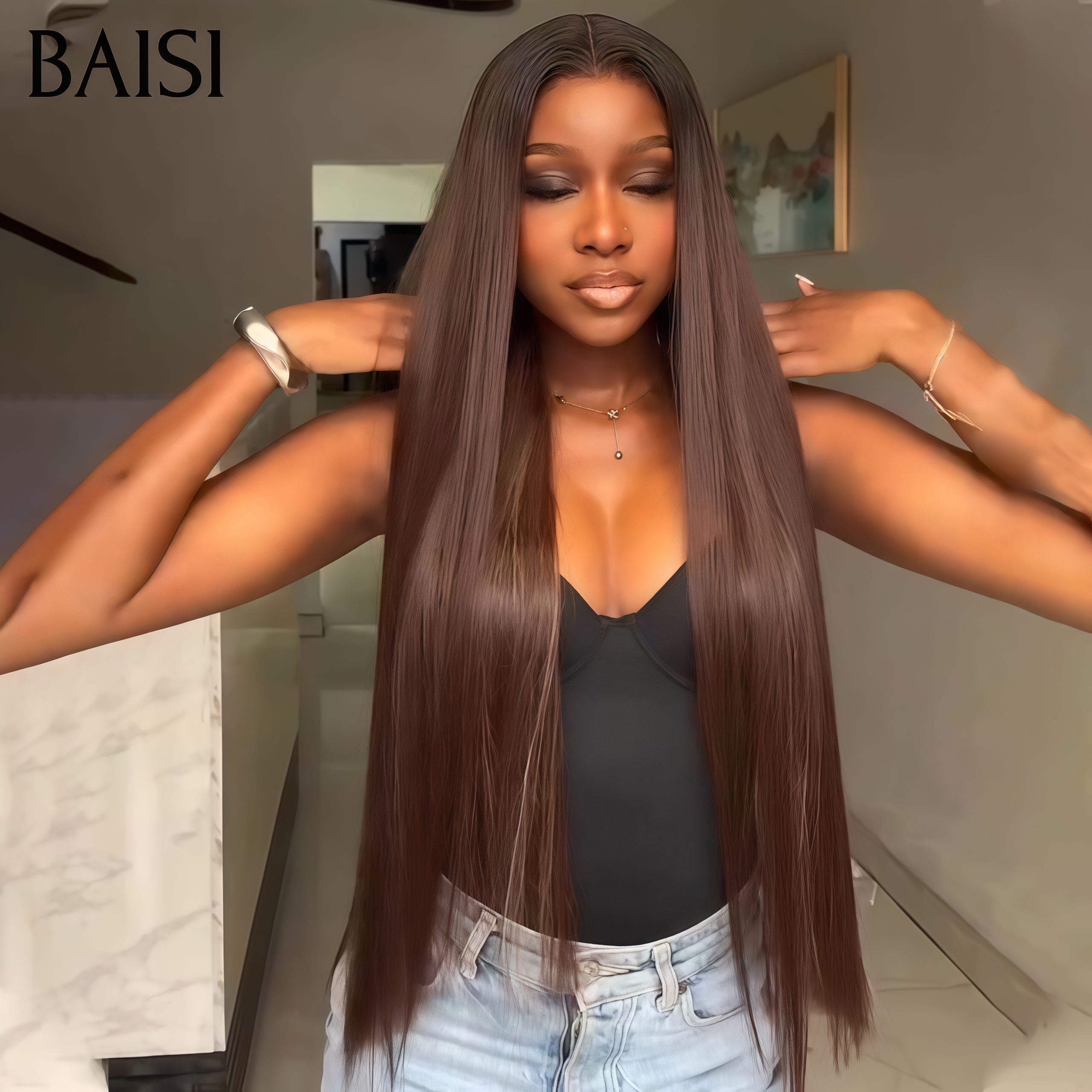 BAISI lace closure 2X6 perruque de luxe SDD BONE Straight Lisse Haute Qualité en couleu Marron en 100% Vietnam Hair