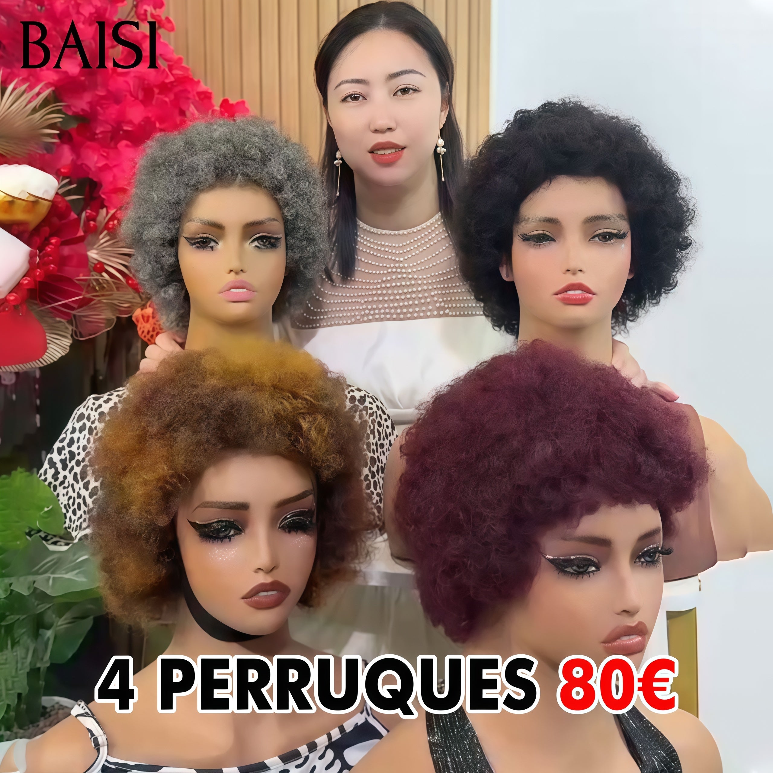 BAISI 4 Perruques 80€ Pixie afro curly 4 couleurs NOIR et Mixte Miel et gris et Bordeaux Fabriqué à la Machine En 100% Cheveux Humains